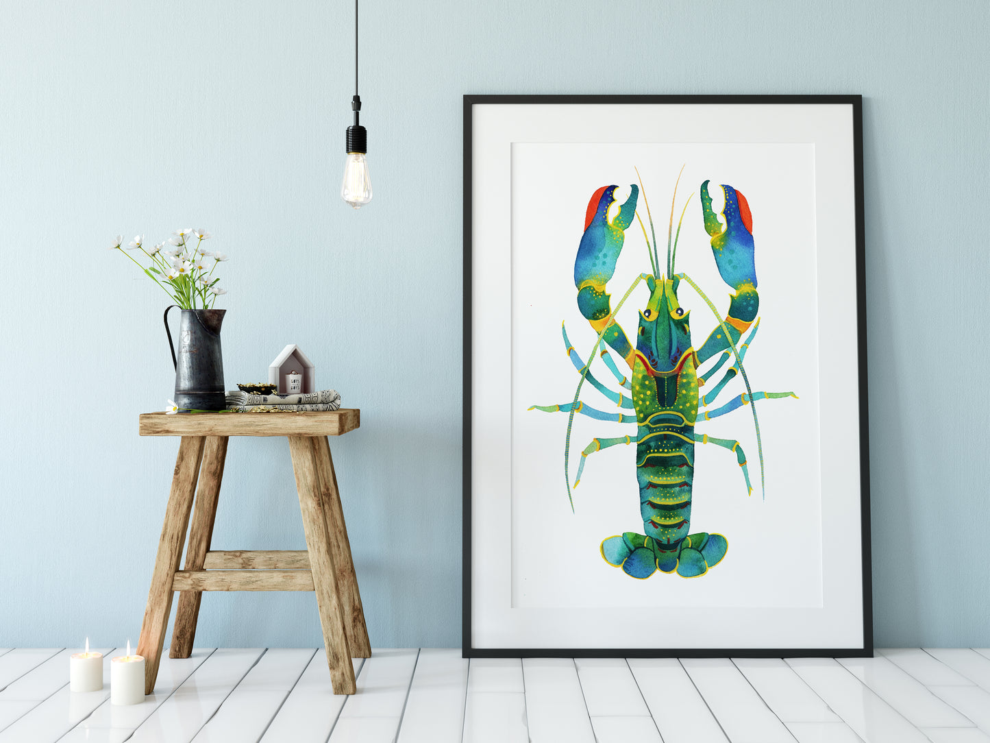 BLUE LOBSTER Watercolor Painting Giclée Print Set