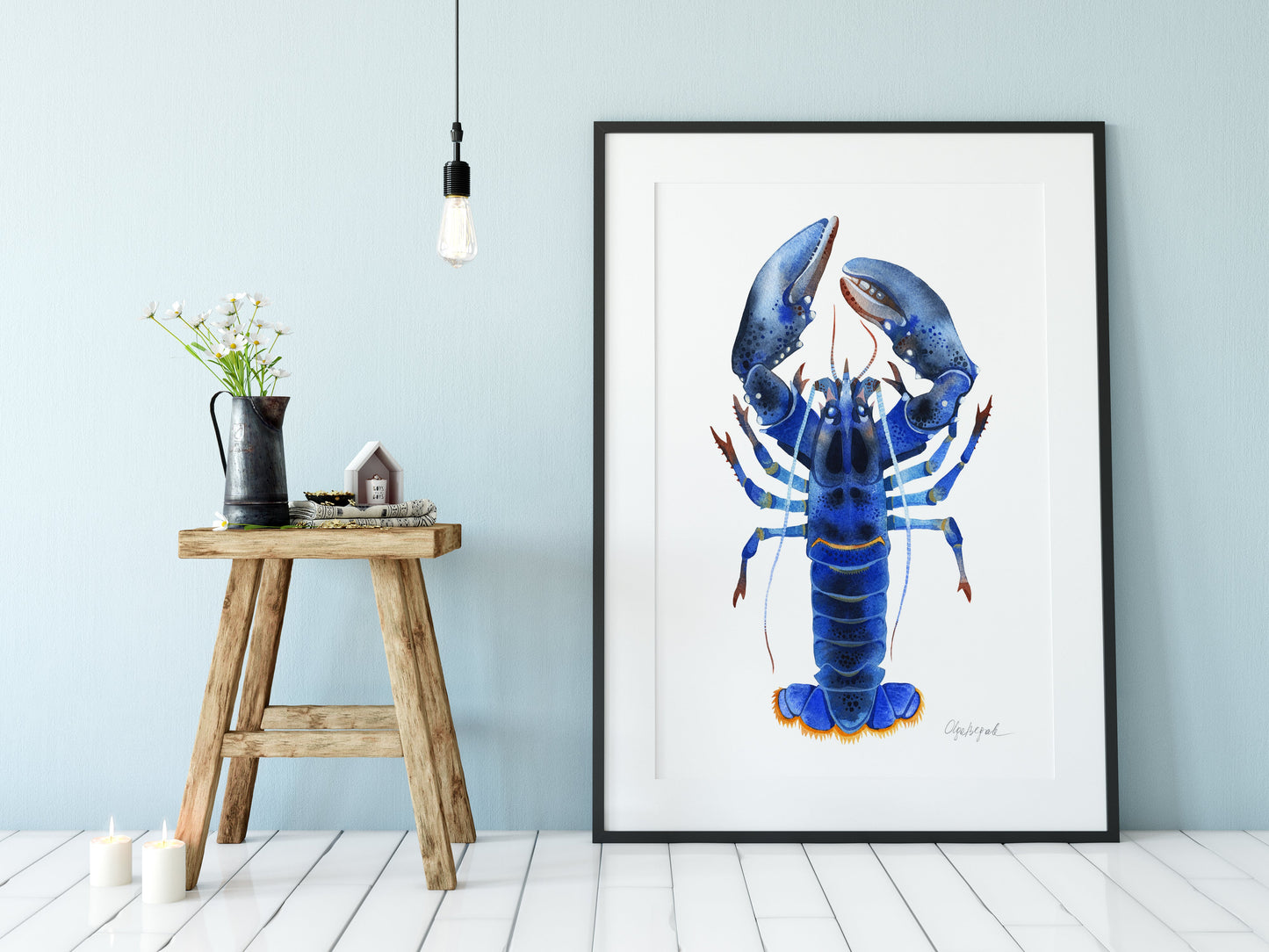 BLUE LOBSTER Watercolor Painting Giclée Print Set