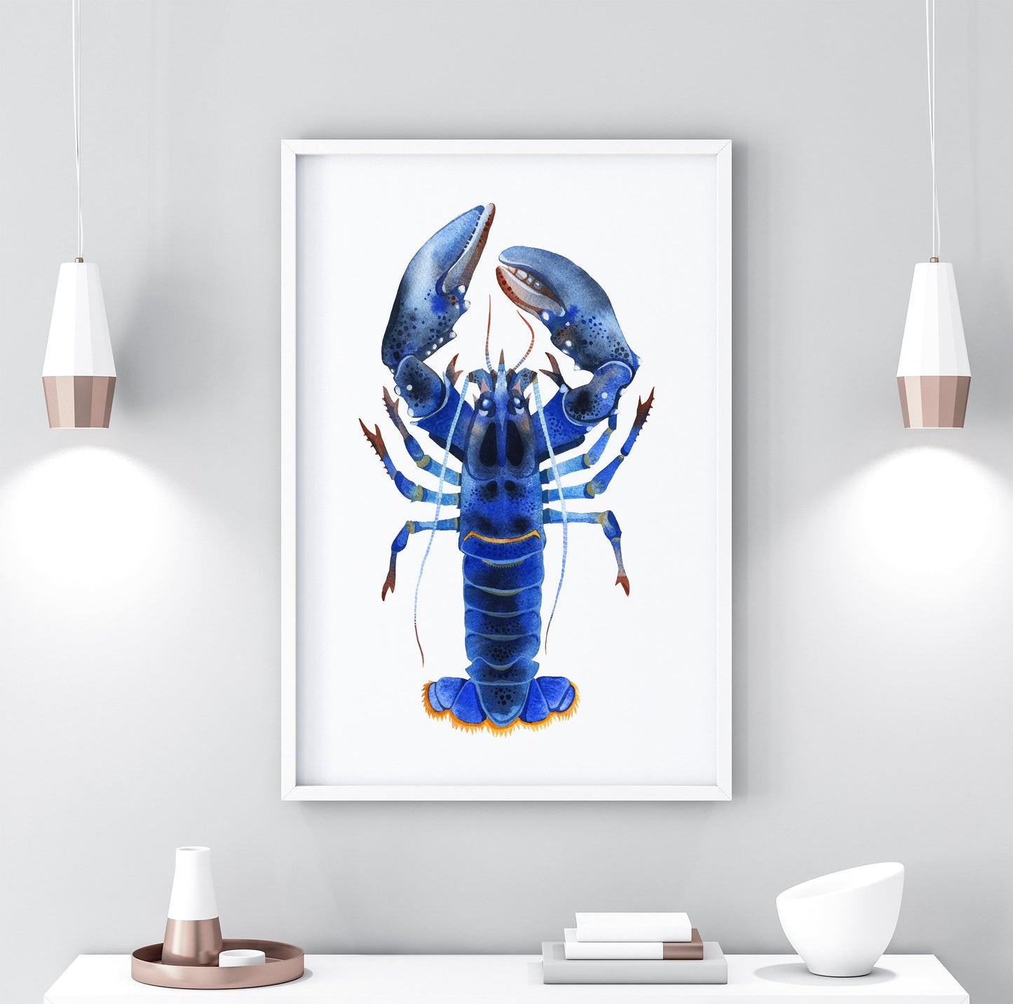 BLUE LOBSTER Watercolor Painting Giclée Print Set