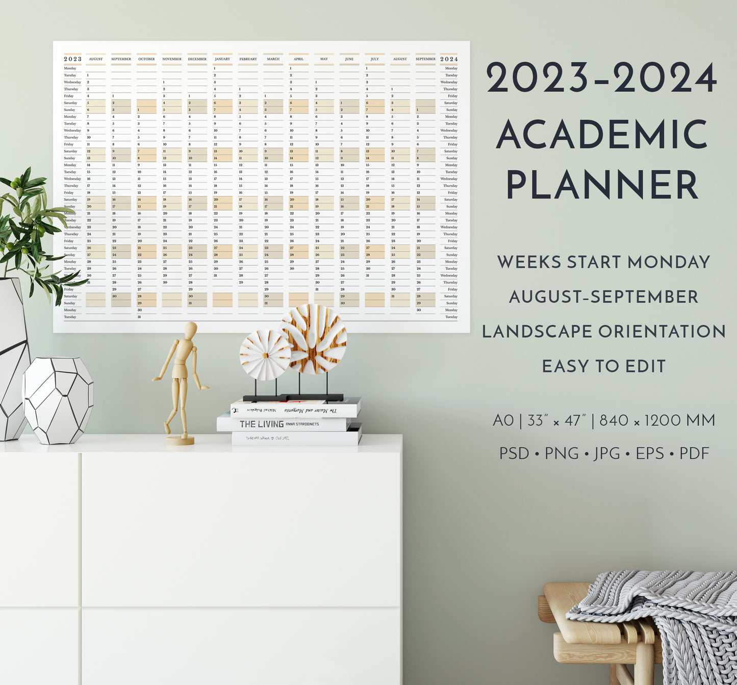 2023-2024 Academic Planner, weeks start Monday, in landscape orientation in interior