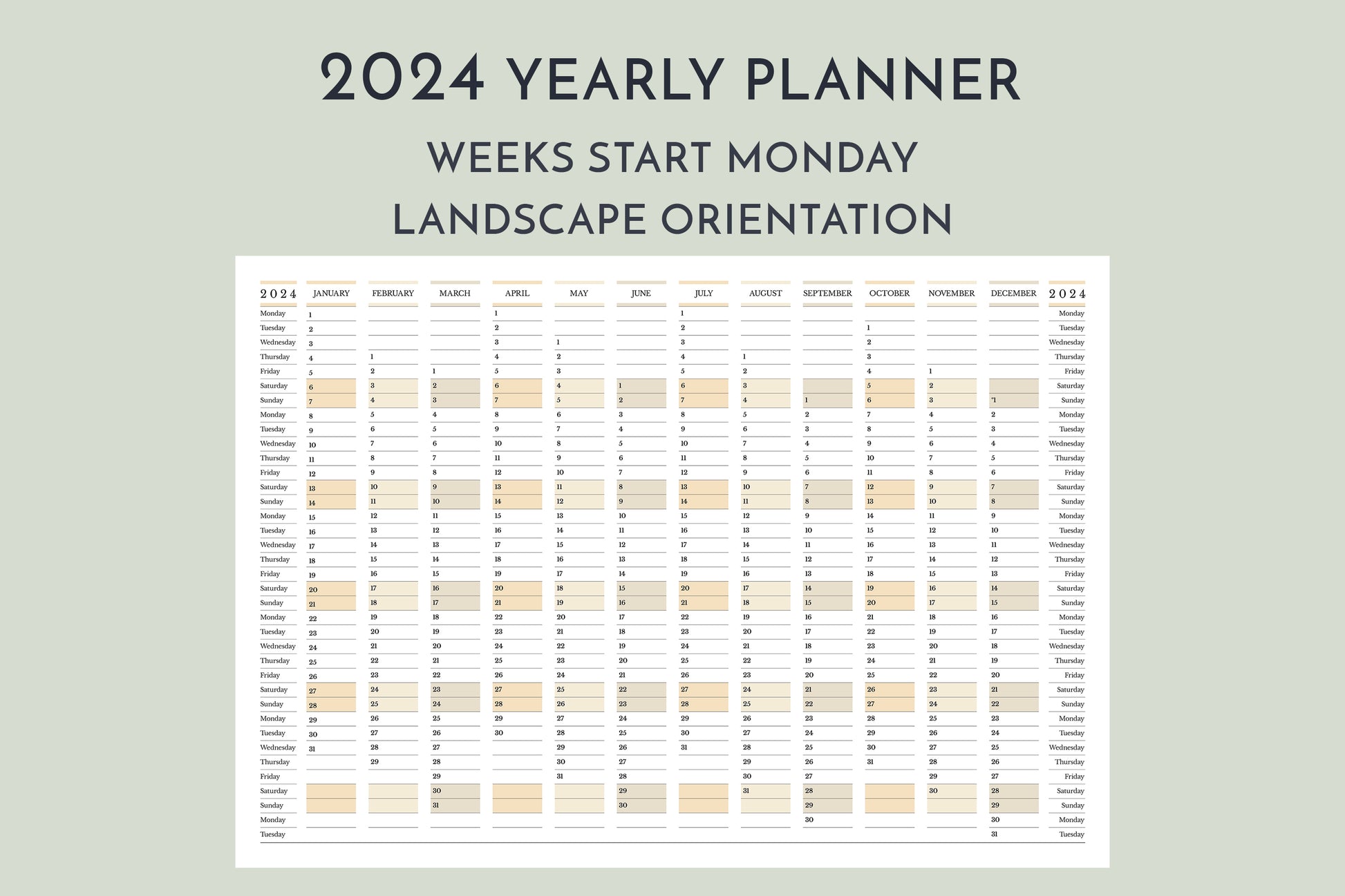 2024 yearly calendar planner, weeks start Monday, in landscape orientation