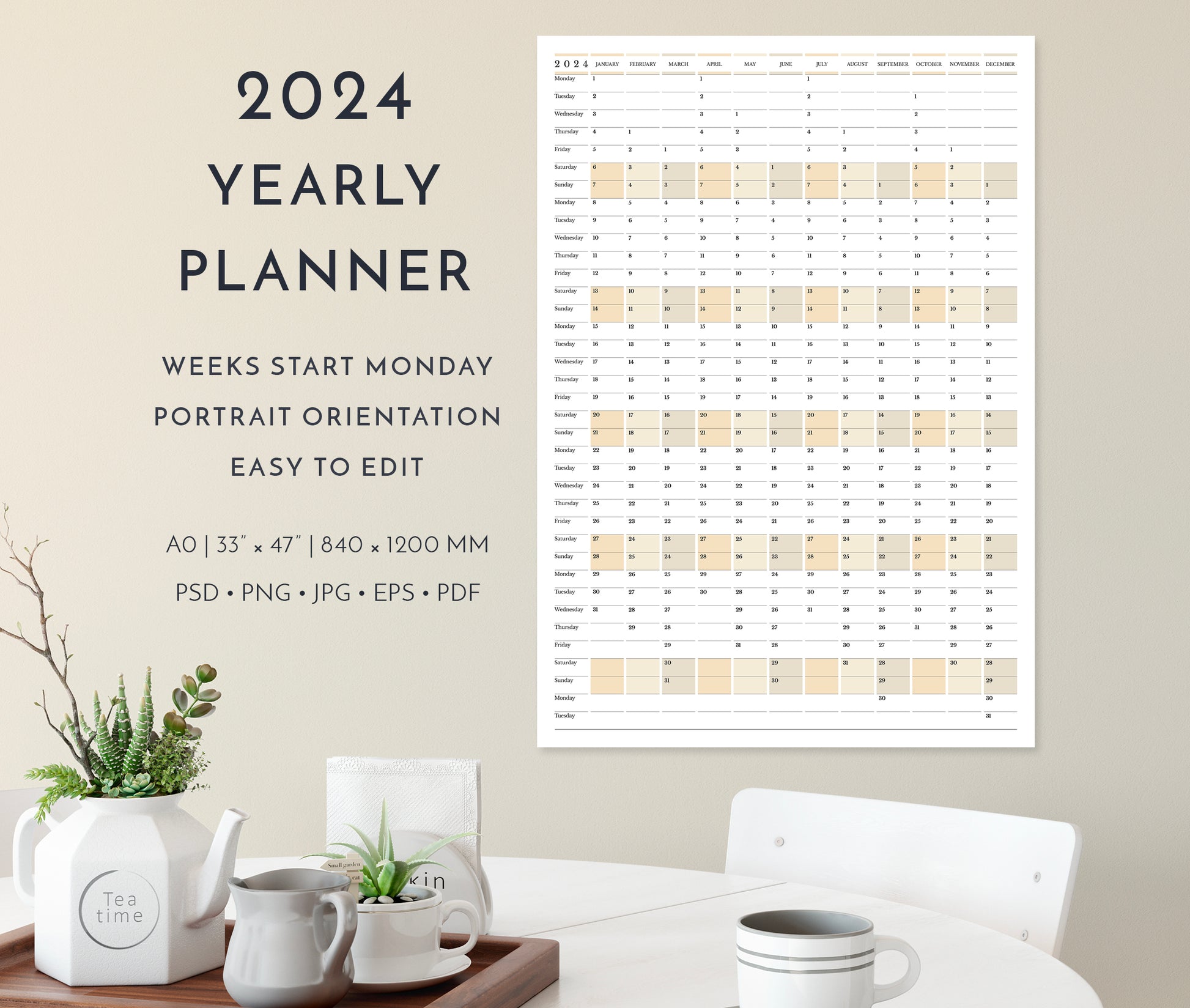 2024 yearly calendar planner, weeks start Monday, in portrait orientation