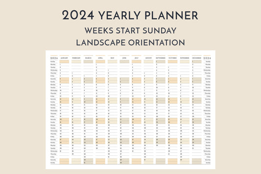 2024 yearly calendar planner, weeks start Sunday, in landscape orientation