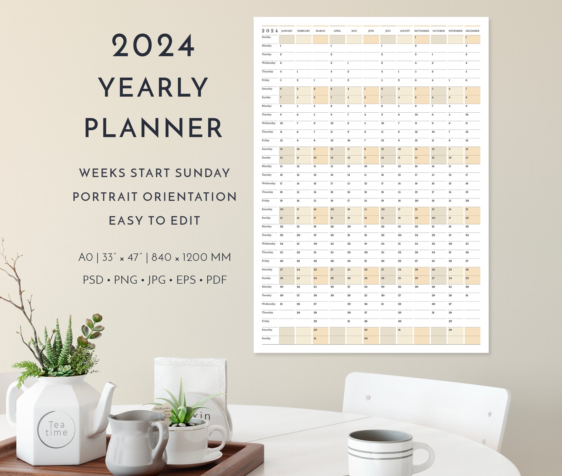 2024 yearly calendar planner, weeks start Sunday, in portrait orientation