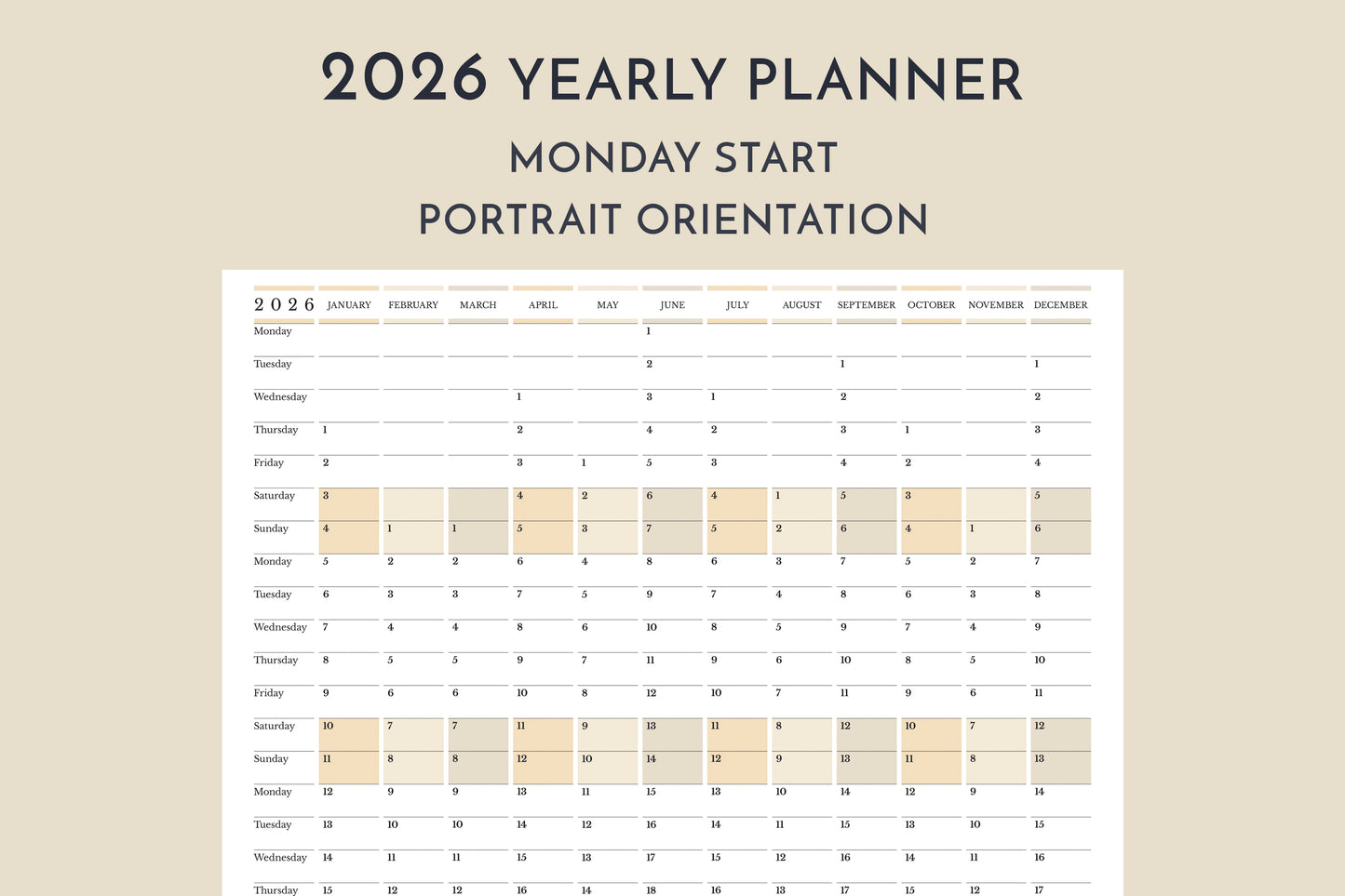 2026 Yearly Wall Planner in Portrait Orientation • Monday Start Vertical Calendar