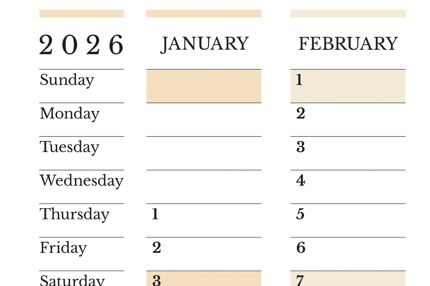 2026 Yearly Wall Planner in Portrait Orientation • Sunday Start Vertical Calendar