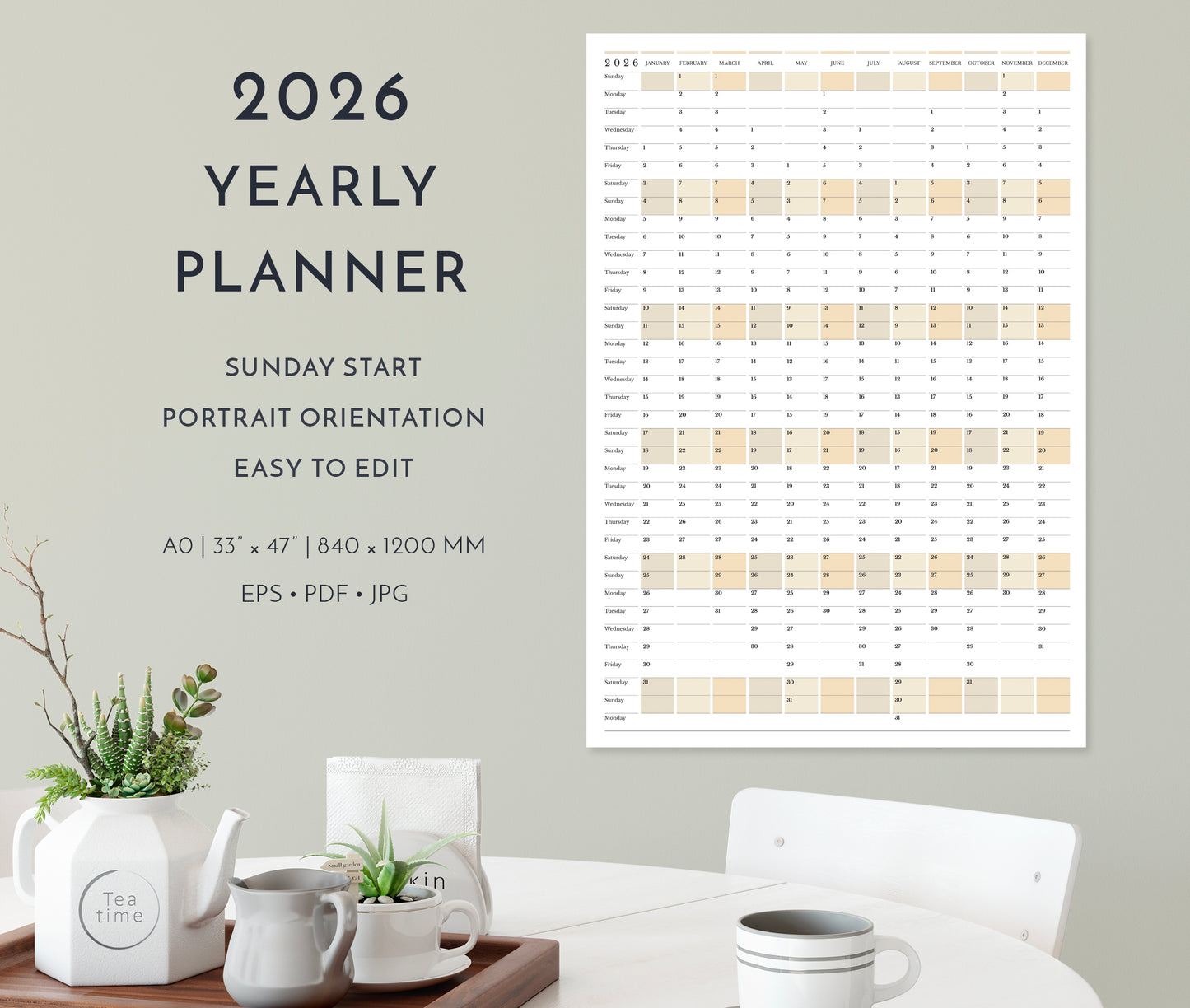 2026 Yearly Wall Planner in Portrait Orientation • Sunday Start Vertical Calendar