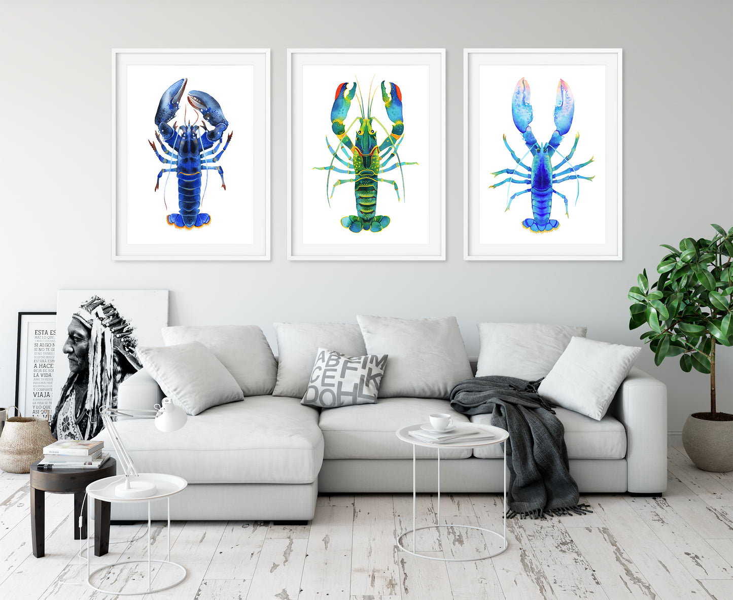 BLUE LOBSTER Watercolor Painting Giclée Print Set