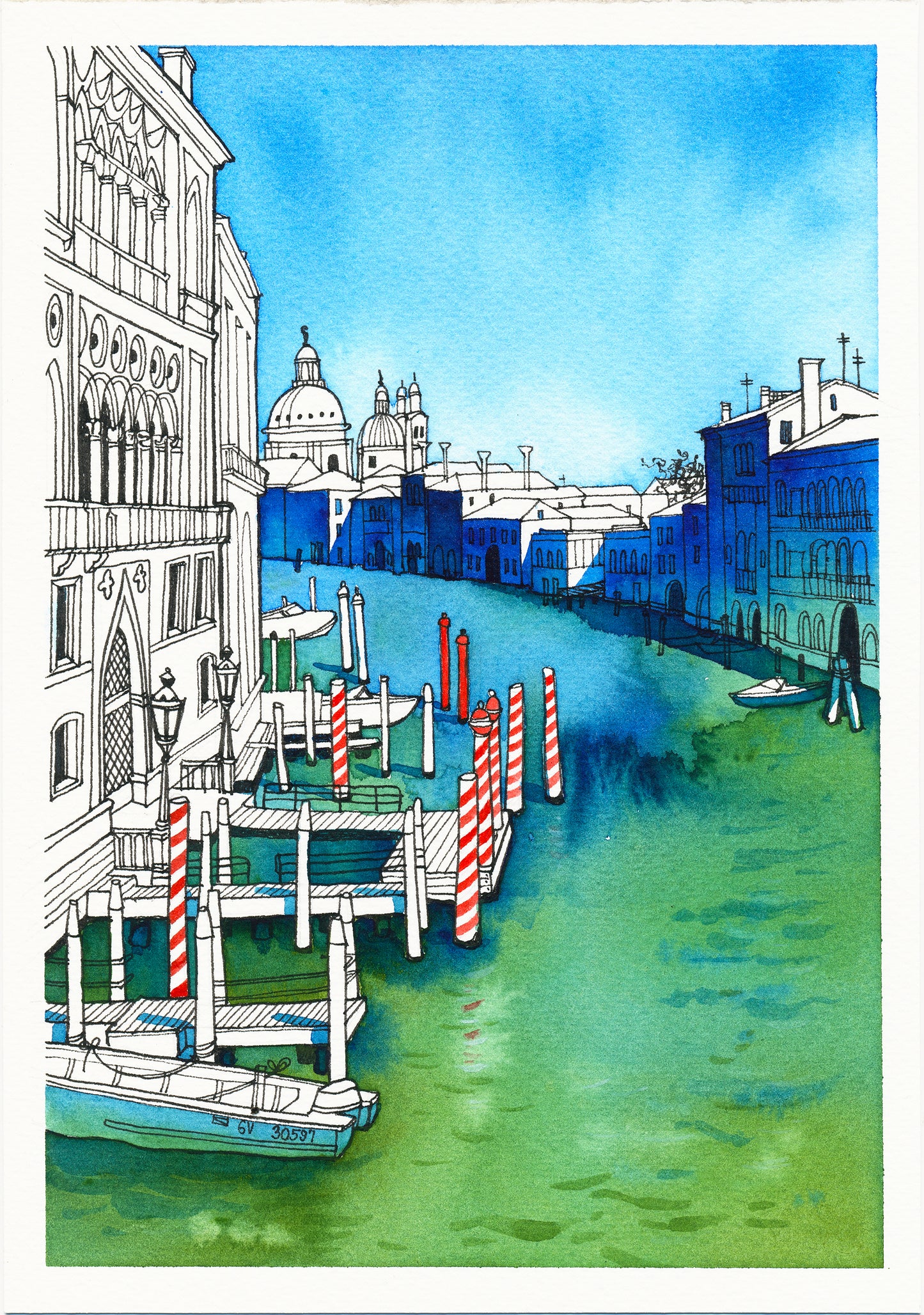 Ein Blick auf den Canal Grande in Venedig, Italien Aquarell Malerei Giclée-Druck #A10