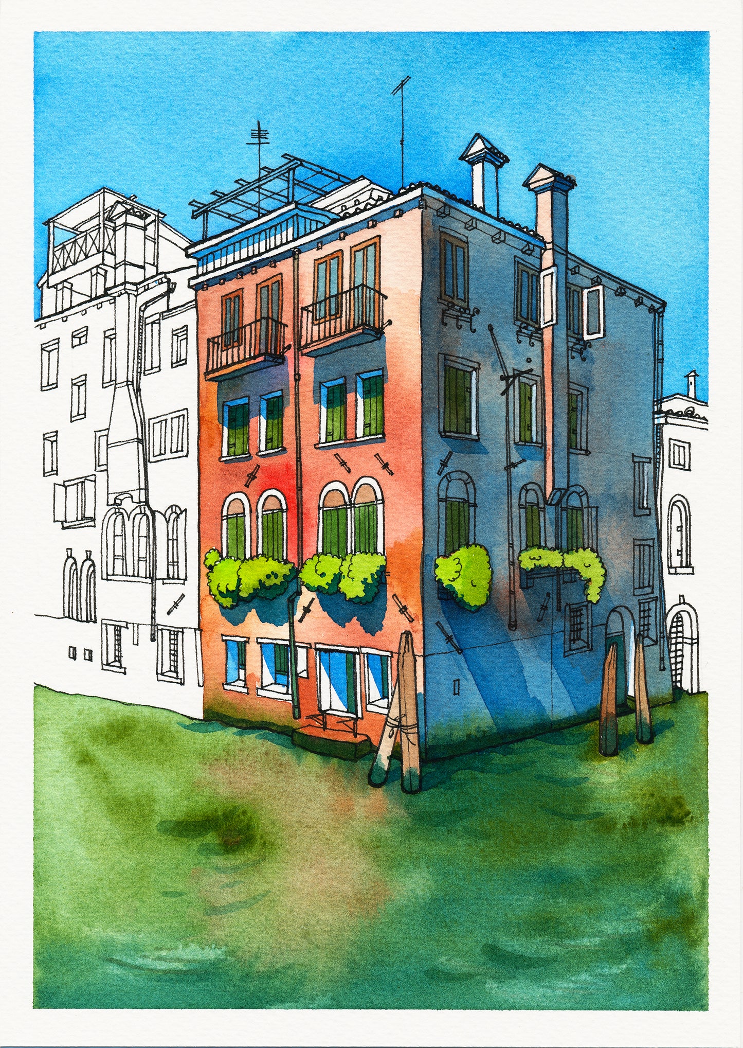 Das historische Gebäude am Rio di Noele und Rio della Misericordia in Venedig, Italien Aquarellmalerei Giclée-Druck #A11