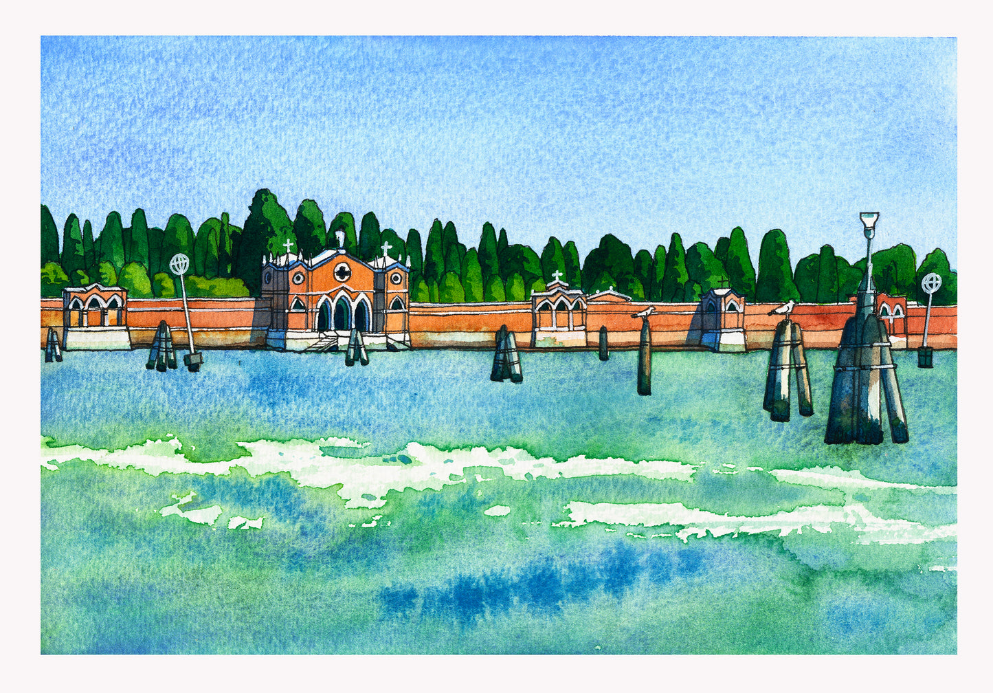 Ein Blick auf San Michele, Venedig, Italien Aquarell Malerei Giclée-Druck #A12