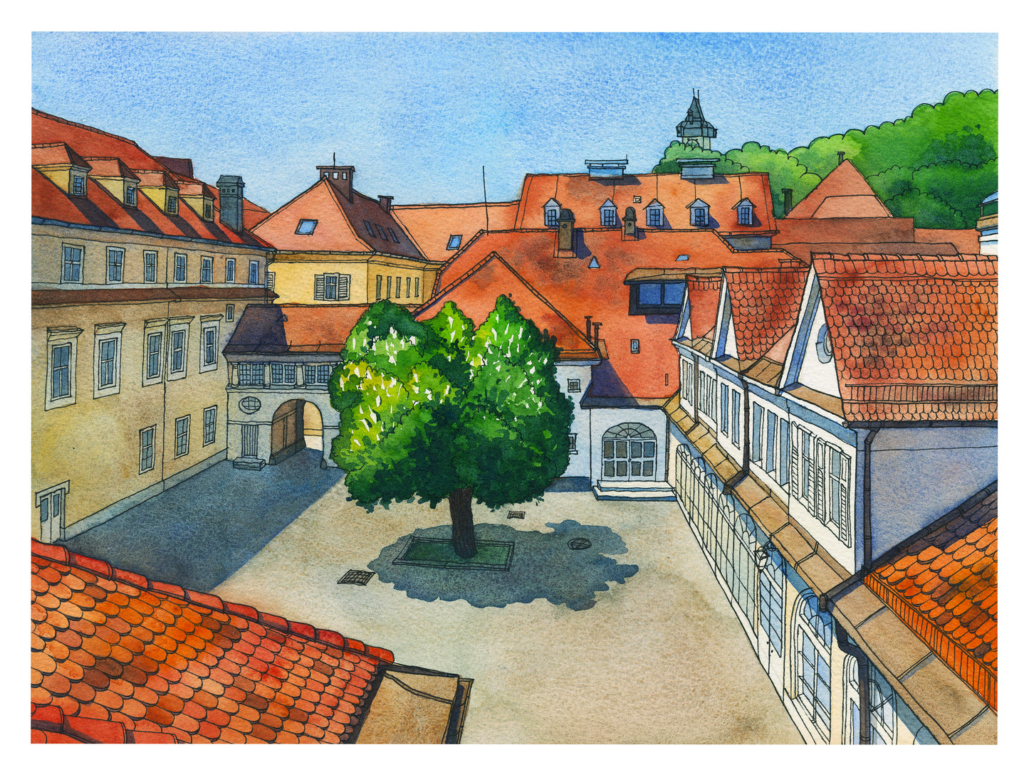 Graz Courtyard at Hofgasse 13 — Architecture Watercolor Giclée Print (#A21)