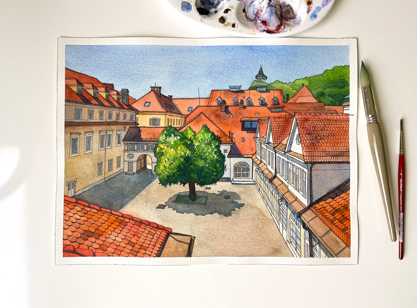 Graz Courtyard at Hofgasse 13 — Architecture Watercolor Giclée Print (#A21)