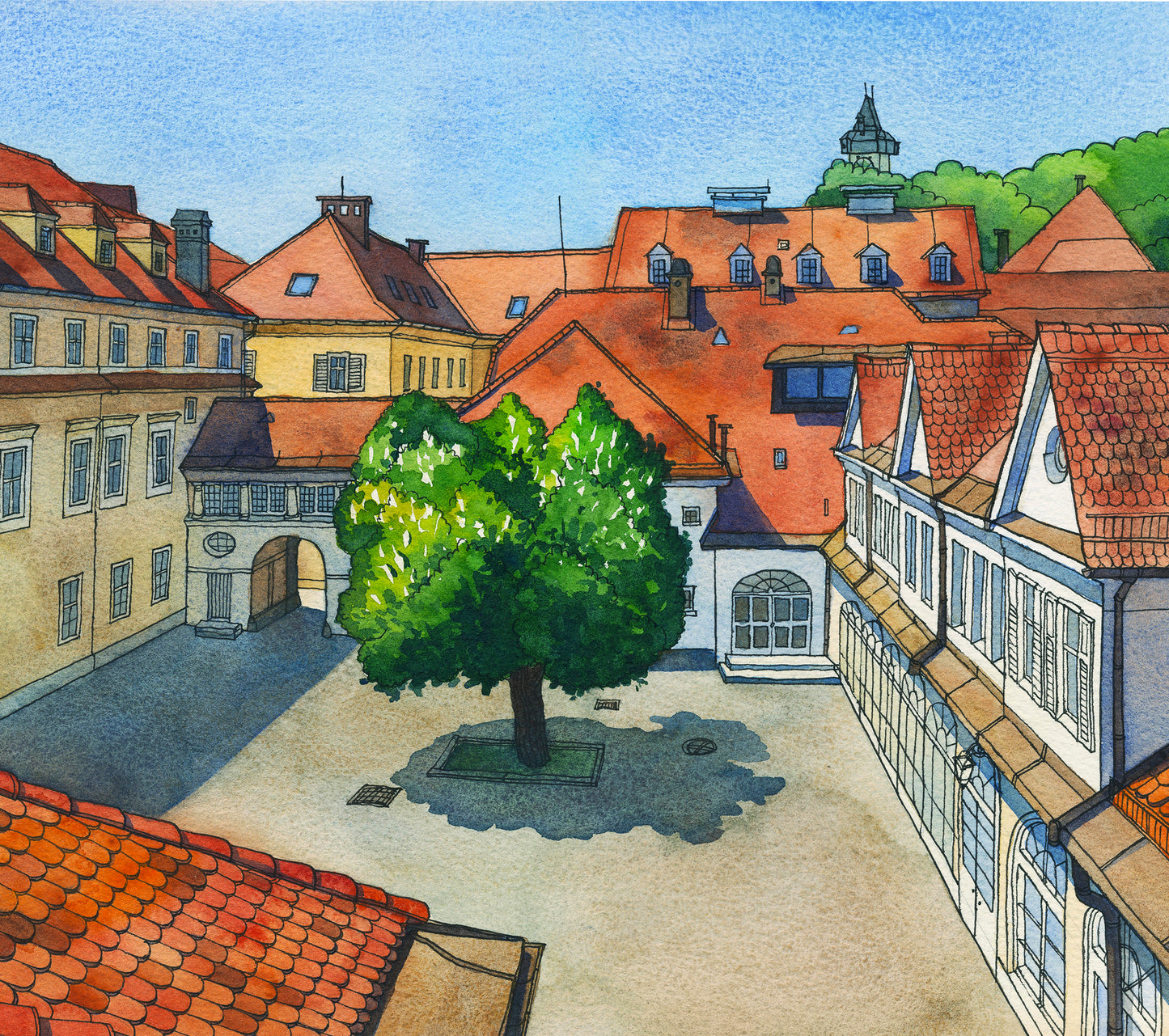 Graz Courtyard at Hofgasse 13 — Architecture Watercolor Giclée Print (#A21)