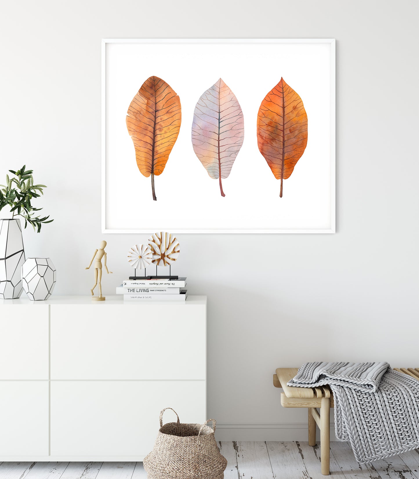 Fine art print of BIGLEAF MAGNOLIA LEAVES watercolor painting by Olga Begak in interior