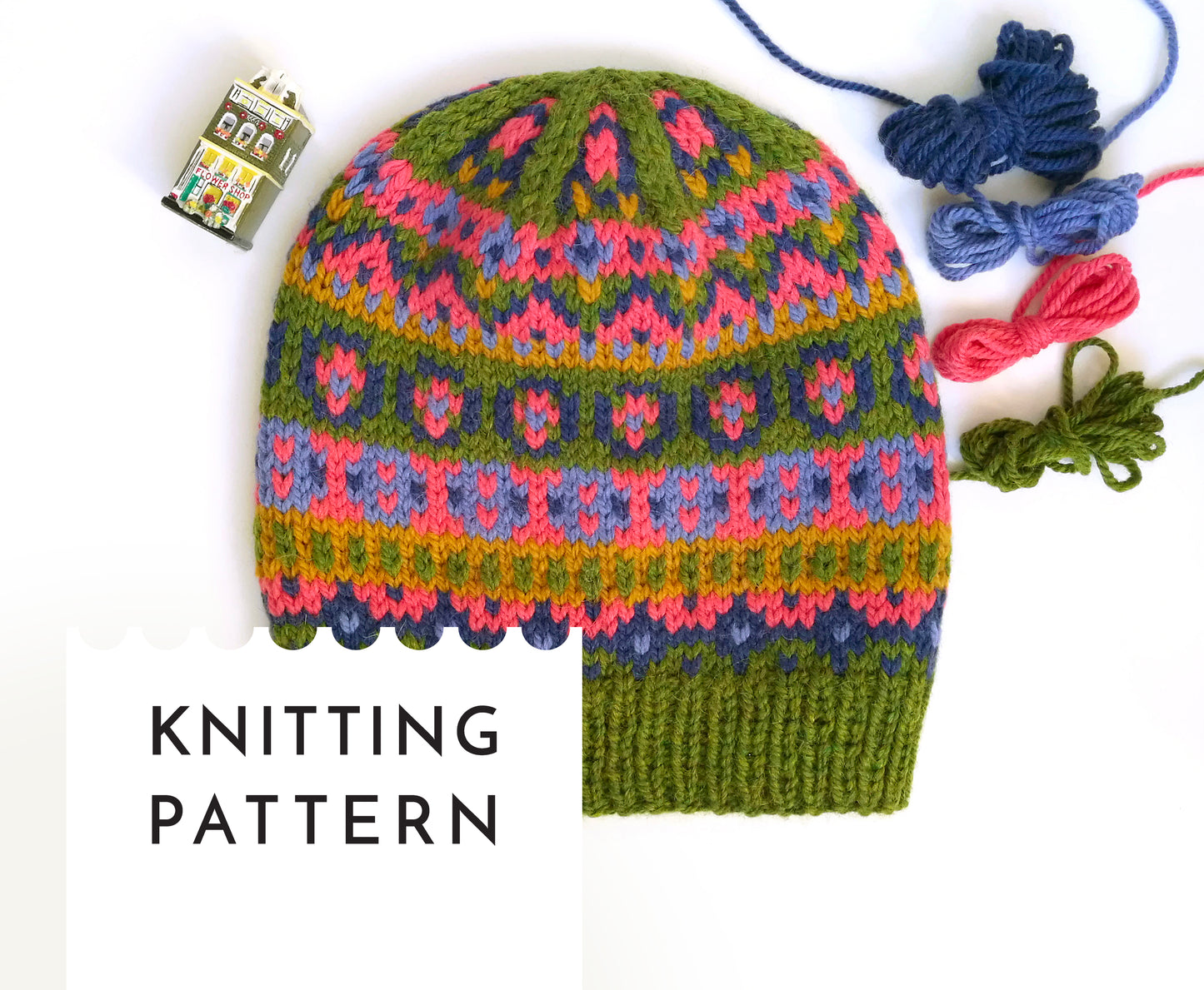 green, pink and blue Hand-knitted Fair Isle hat in Bergen knitting pattern