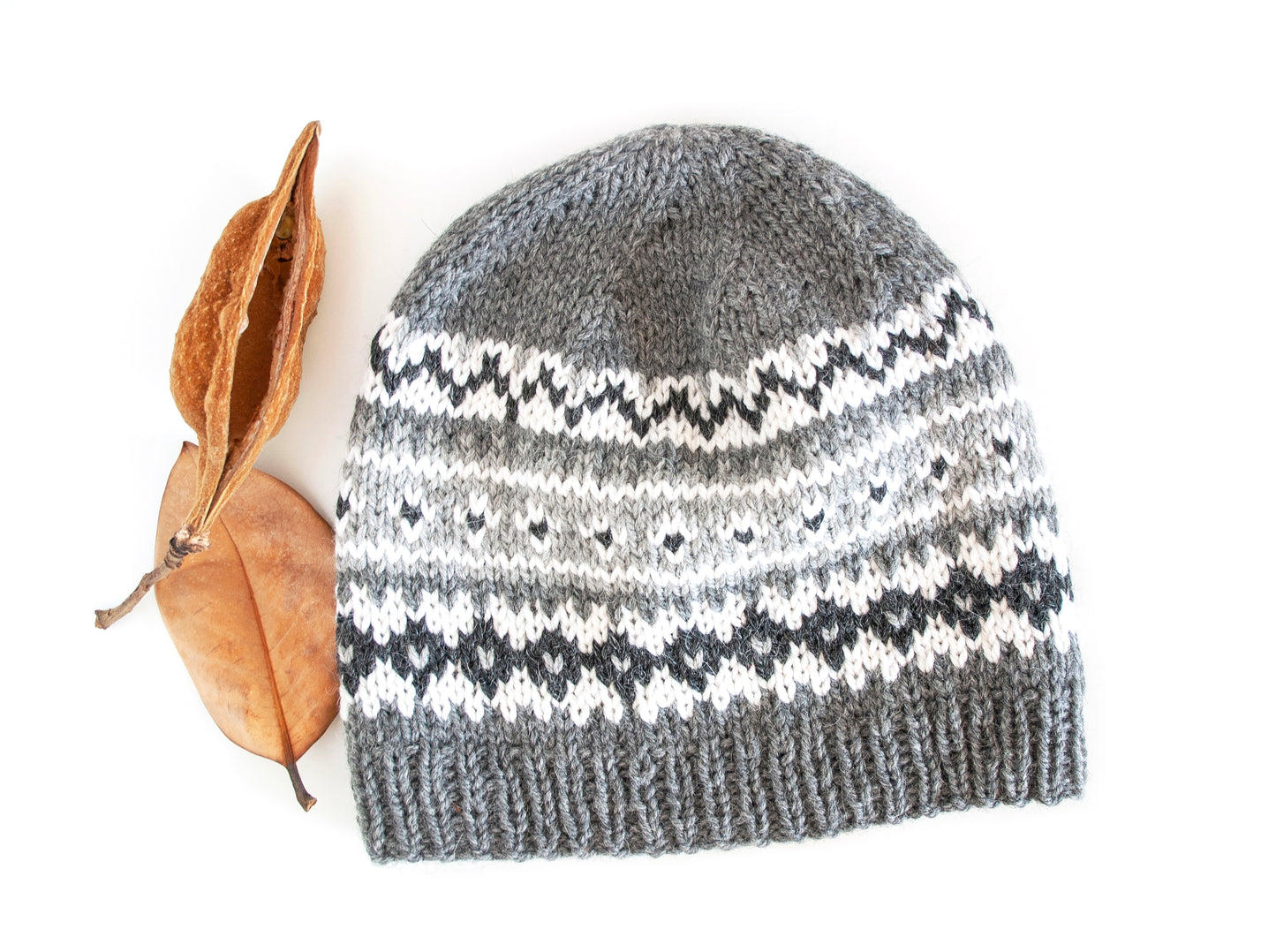 grey, white and black hand-knitted Fair isle beanie hat