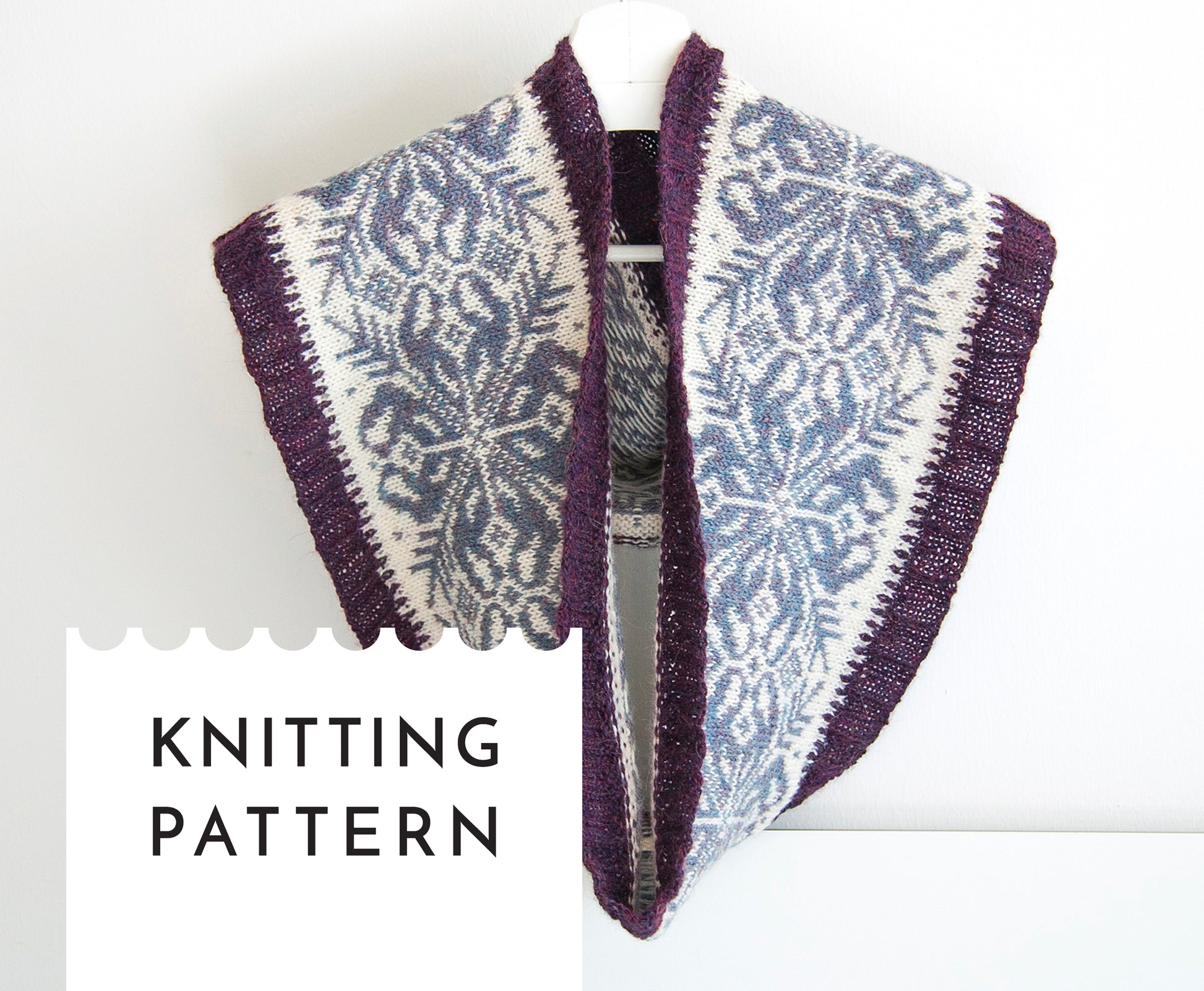 hand-knitted Fair Isle cowl  in Snowflake pattern made from purple and white alpaca wool yarn