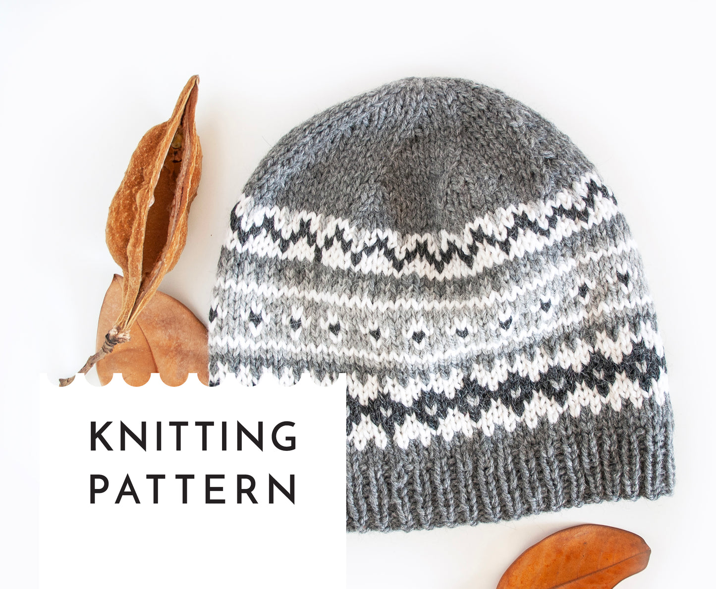 grey, white and black hand-knitted Fair isle beanie hat