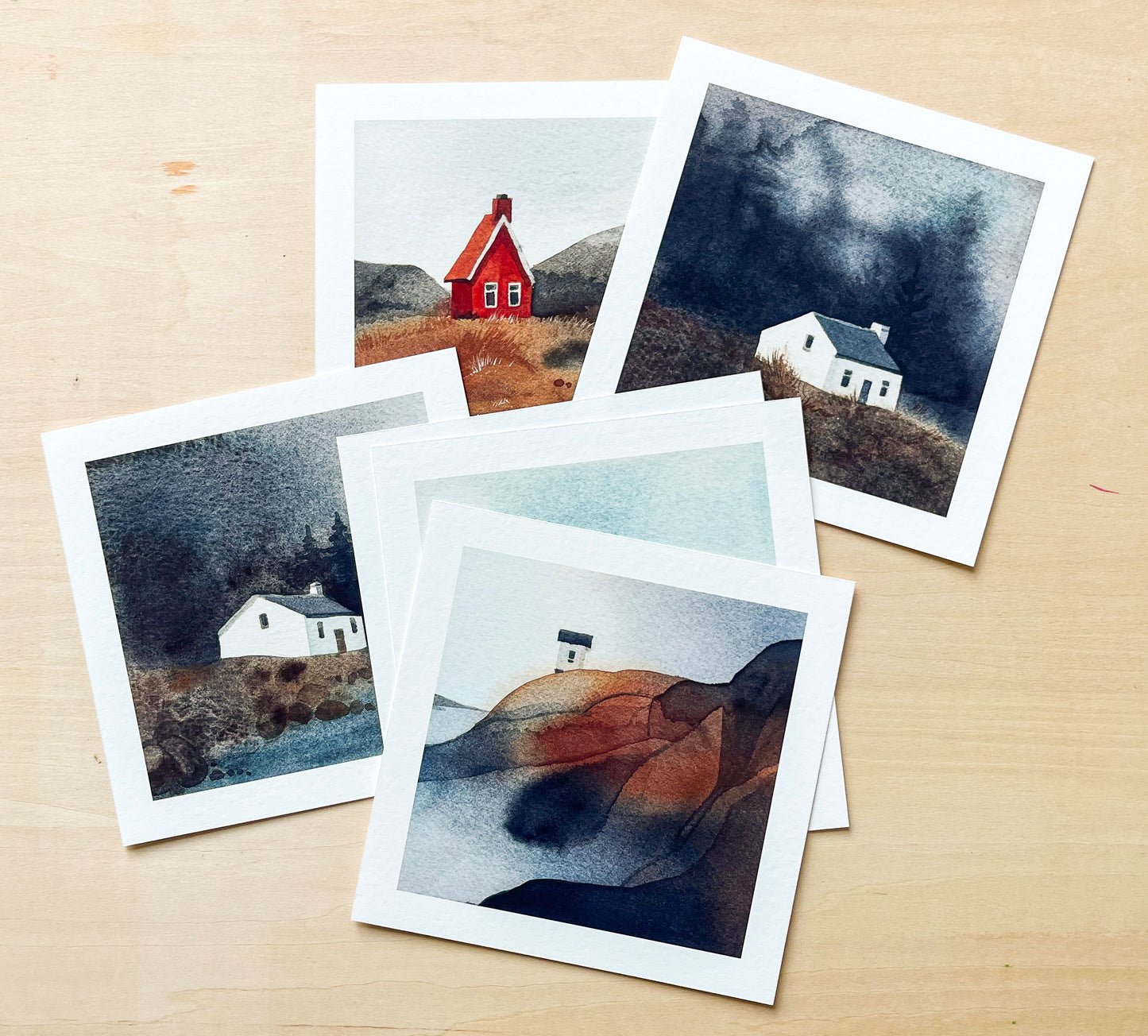 Small Houses in Nature — Set of 6 Watercolor Landscape Postcards