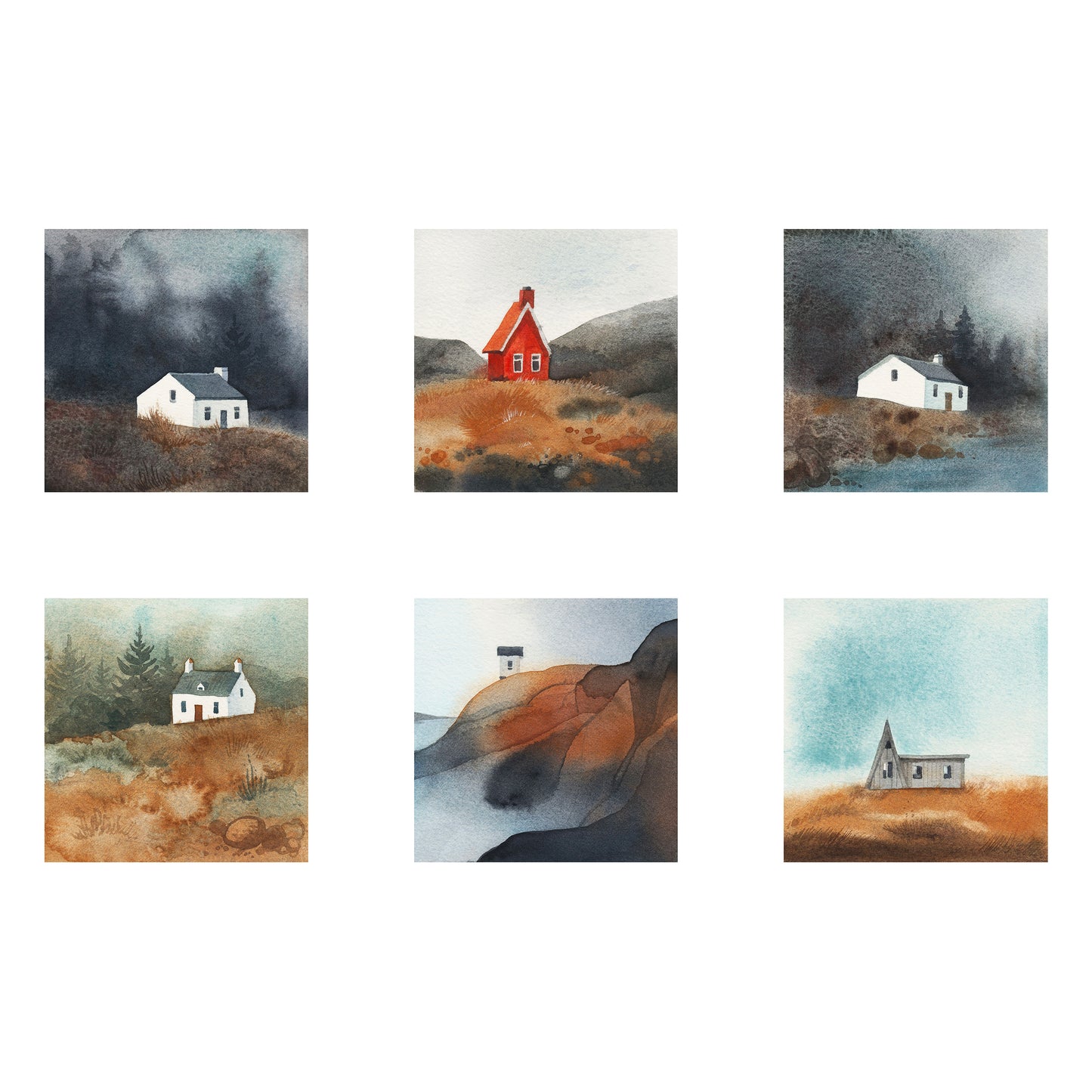 Small Houses in Nature — Set of 6 Watercolor Landscape Postcards