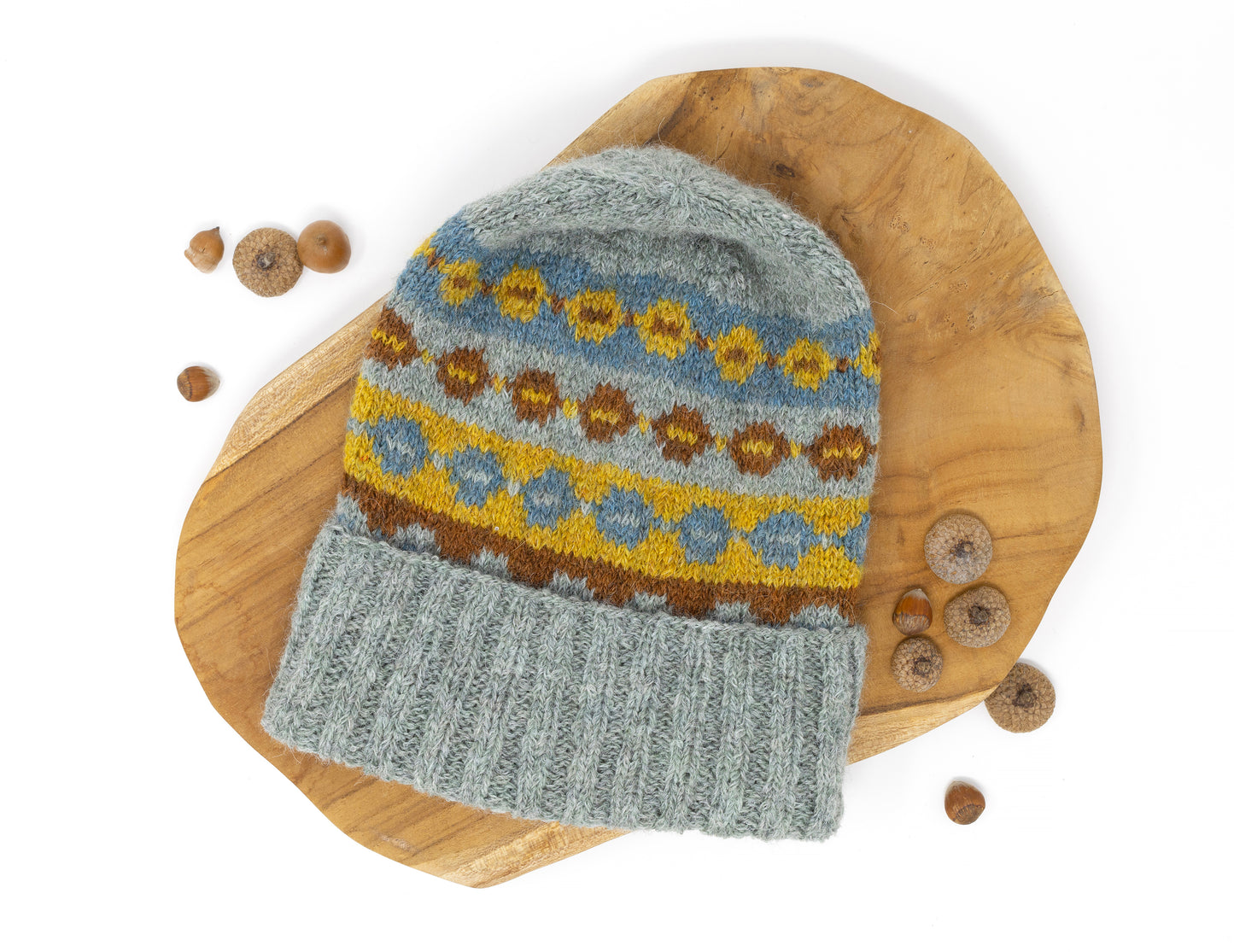 Grey, brown, yellow and blue alpaca wool hand-knitted Fair Isle hat