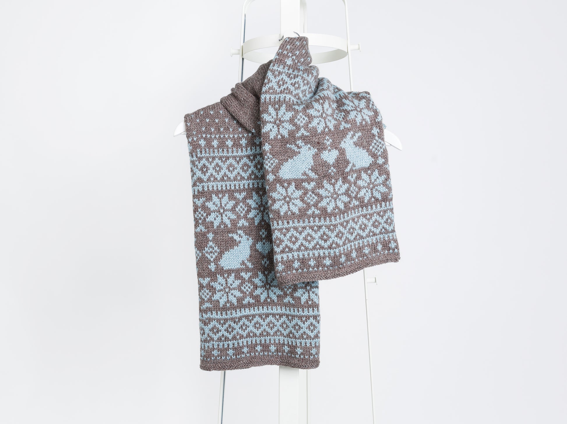 Brown and grey blue wool hand-knitted long Fair Isle scarf in Bunny Rabbit pattern