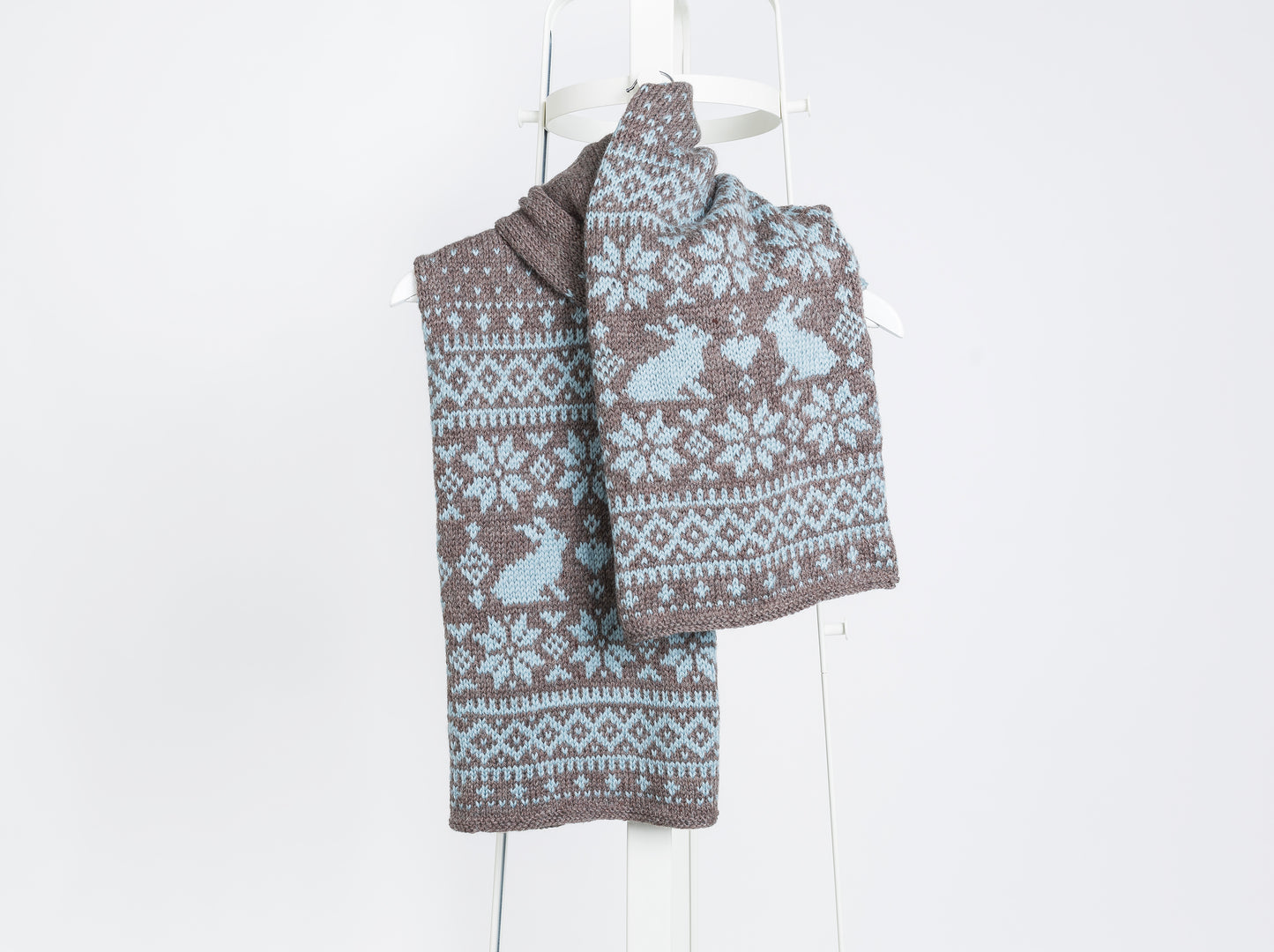 Long hand-knitted Fair Isle scarf made in Bunny Rabbits pattern made from grey blue and brown wool