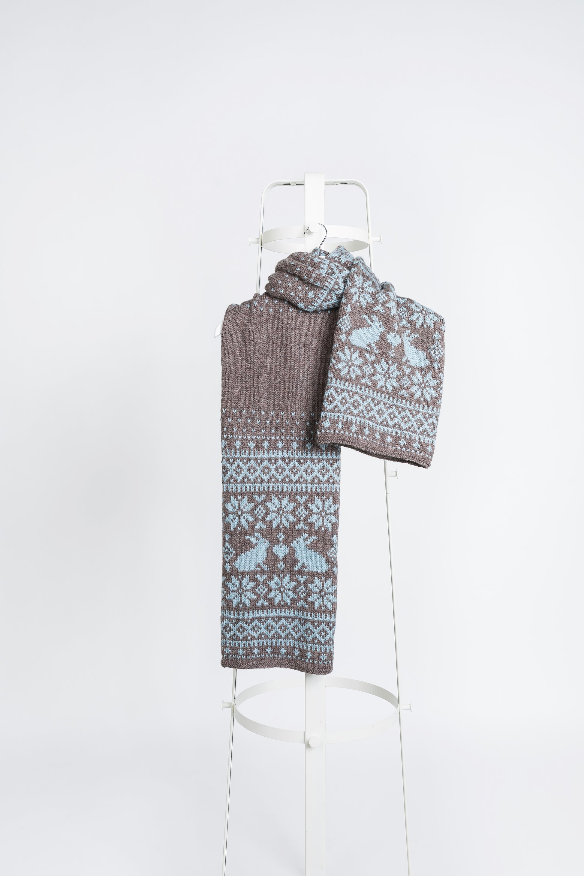 Brown and grey blue wool hand-knitted long Fair Isle scarf in Bunny Rabbit pattern