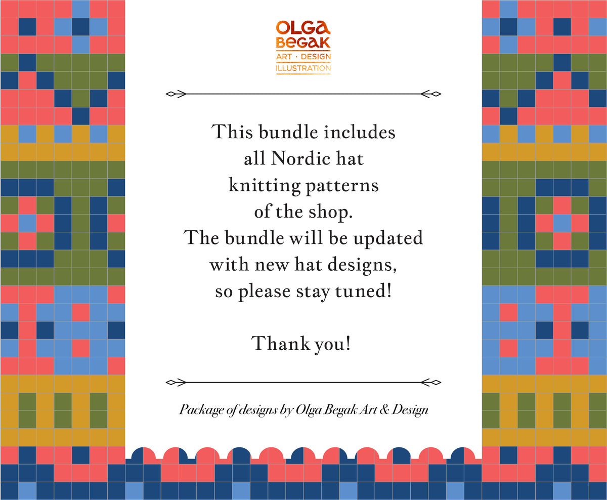 A promotional graphic for Olga Begak Art & Design Illustrations, featuring a central white text panel with black lettering about knitting patterns and a colorful Nordic geometric border design on both sides.