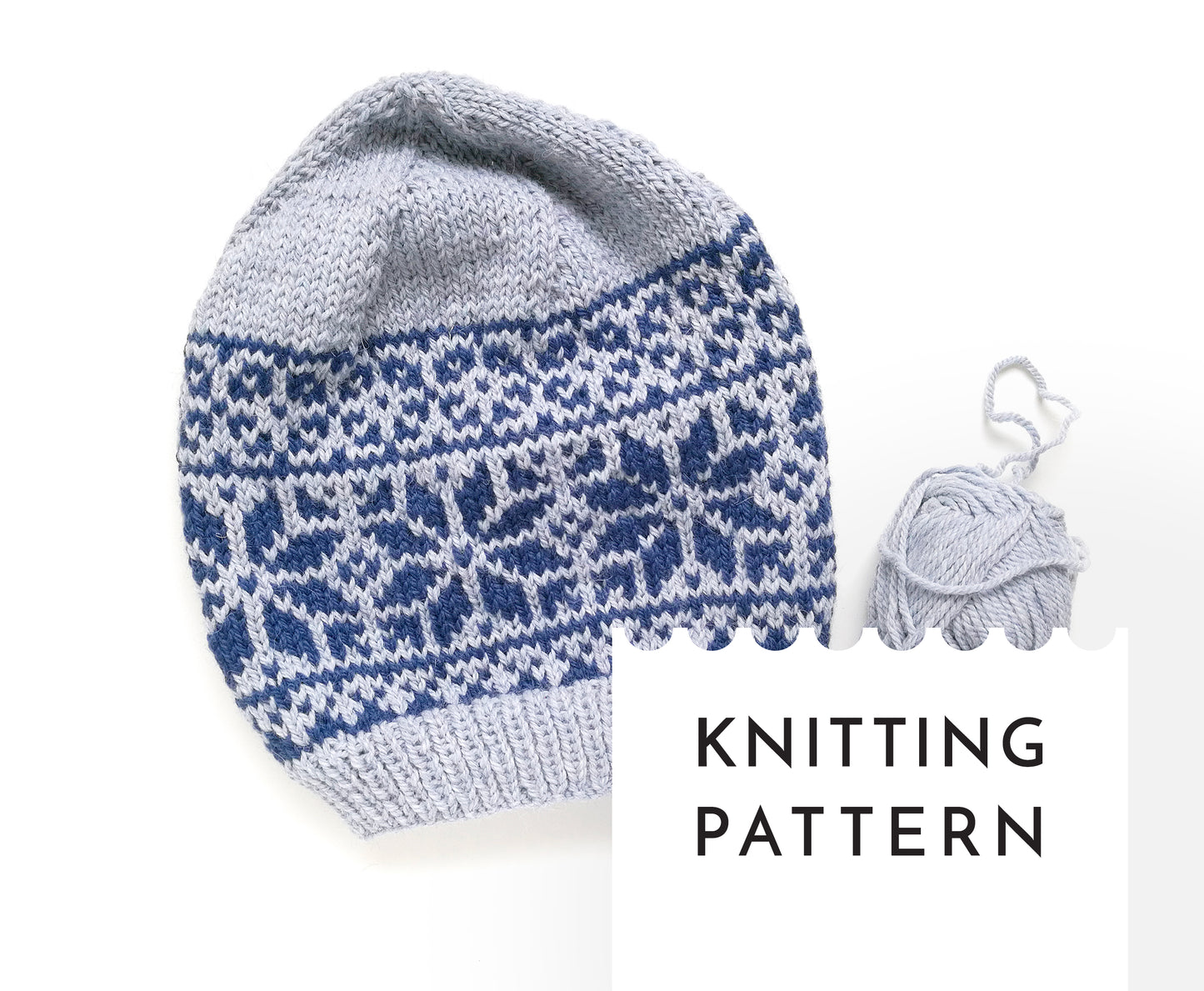grey and blue wool hand-knitted Fair Isle beanie hat in Roses knitting pattern