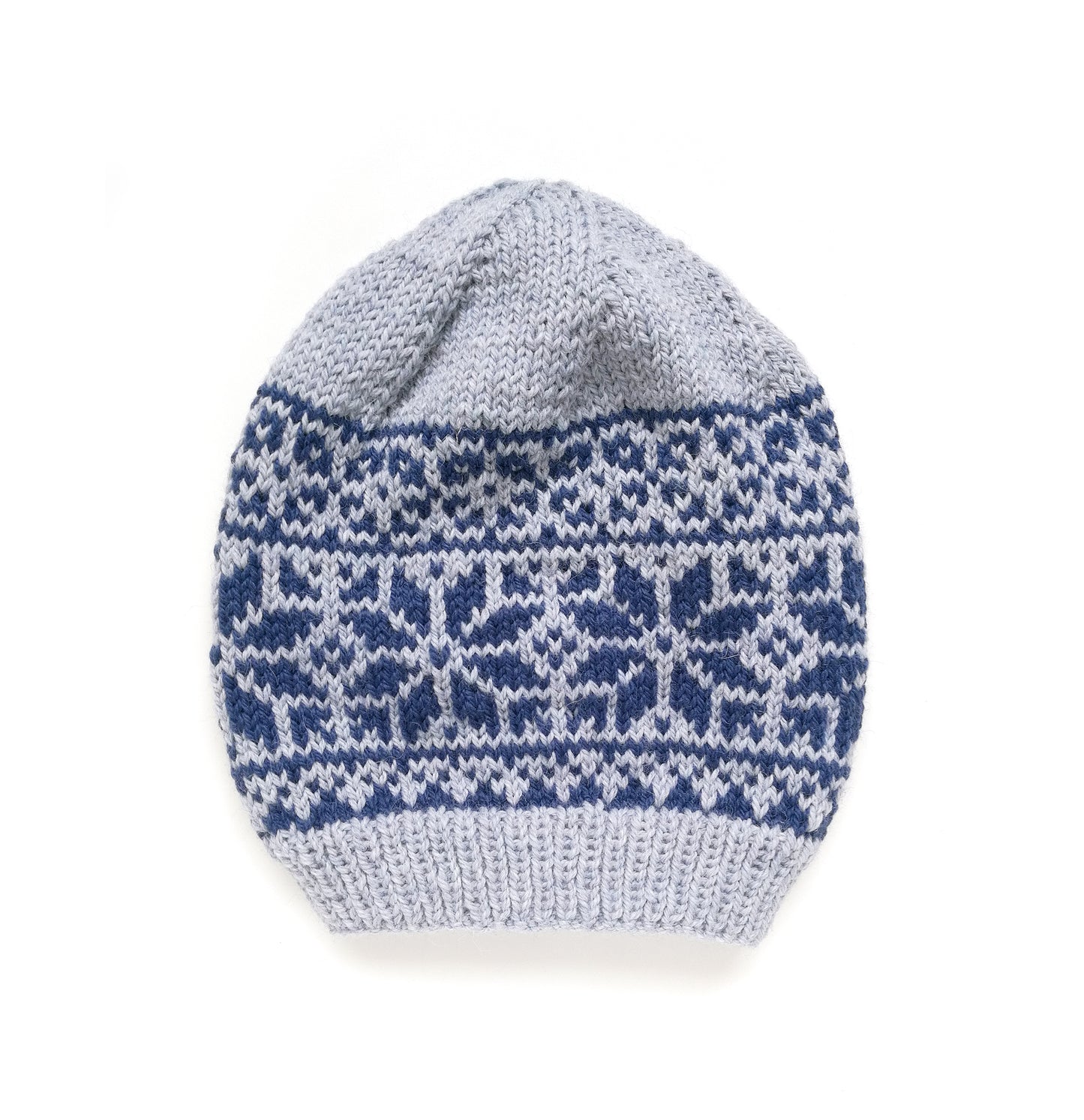 grey and blue wool hand-knitted Fair Isle beanie hat in Roses knitting pattern