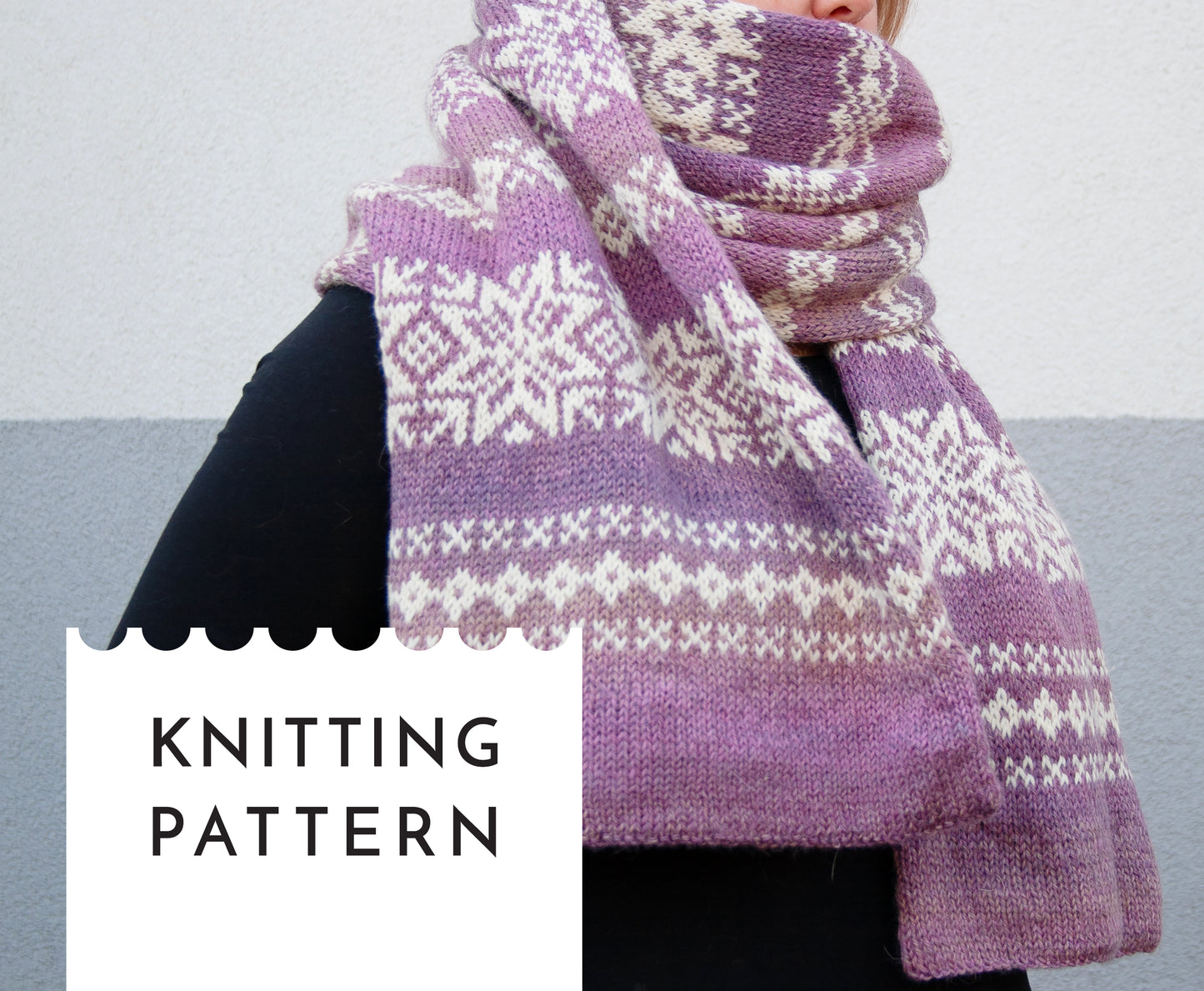 a woman performs gradient purple and white wool hole hand-knitted Fair isle scarf