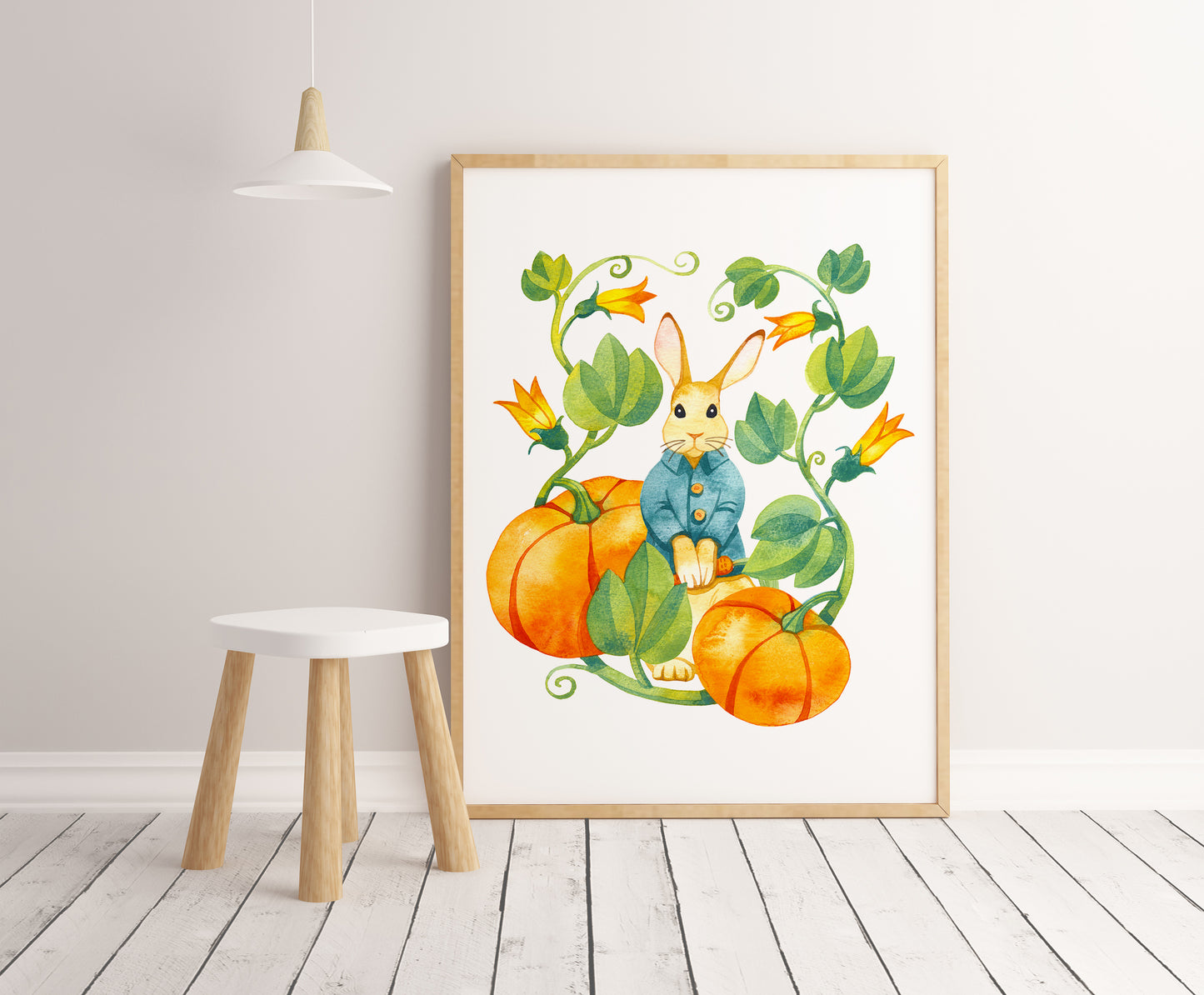 Ein Kaninchen mit Kürbissen, Aquarellmalerei Giclée-Druck