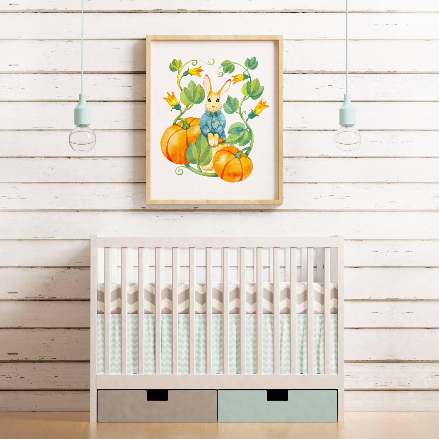 Ein Kaninchen mit Kürbissen, Aquarellmalerei Giclée-Druck