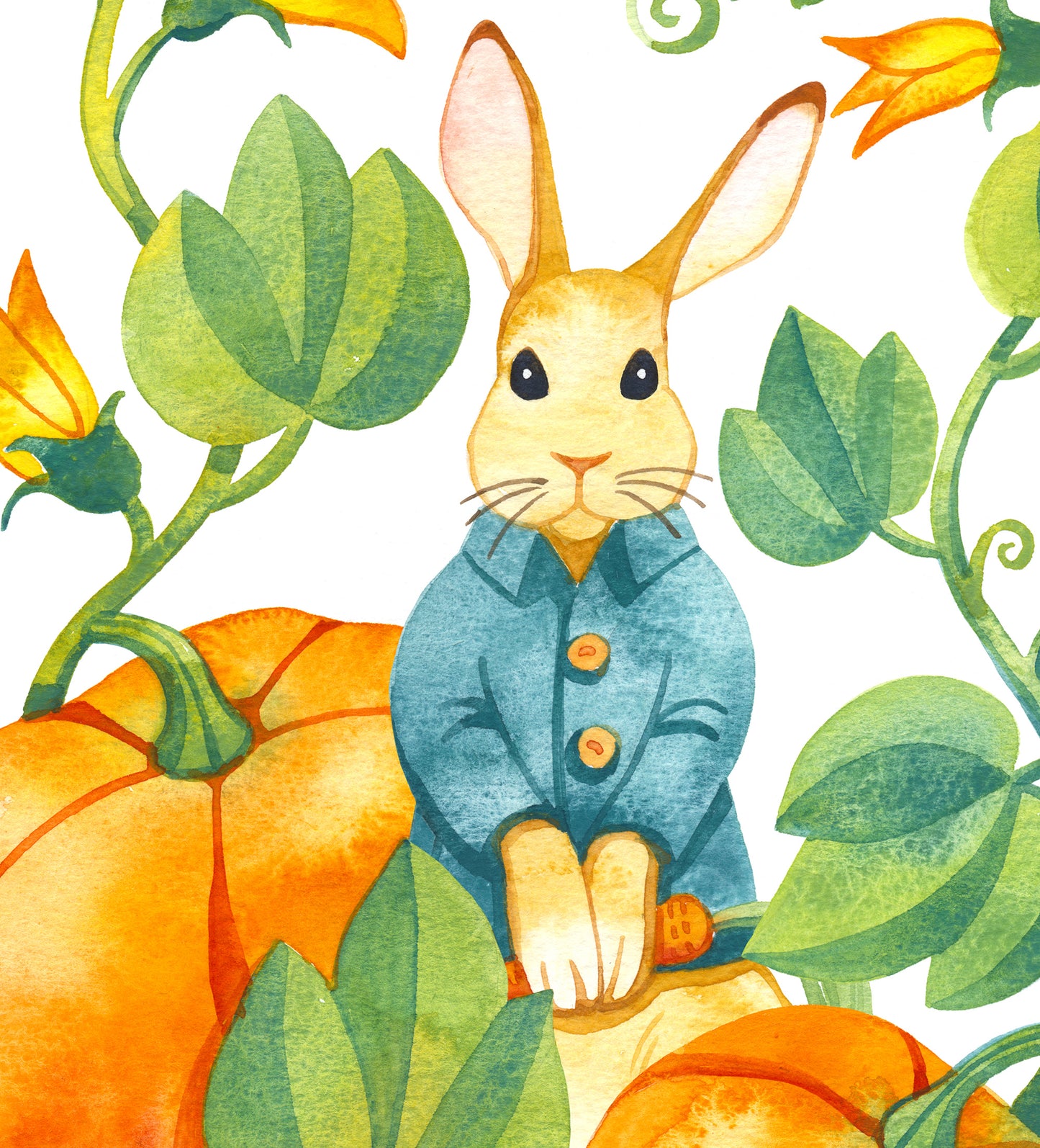 Ein Kaninchen mit Kürbissen, Aquarellmalerei Giclée-Druck