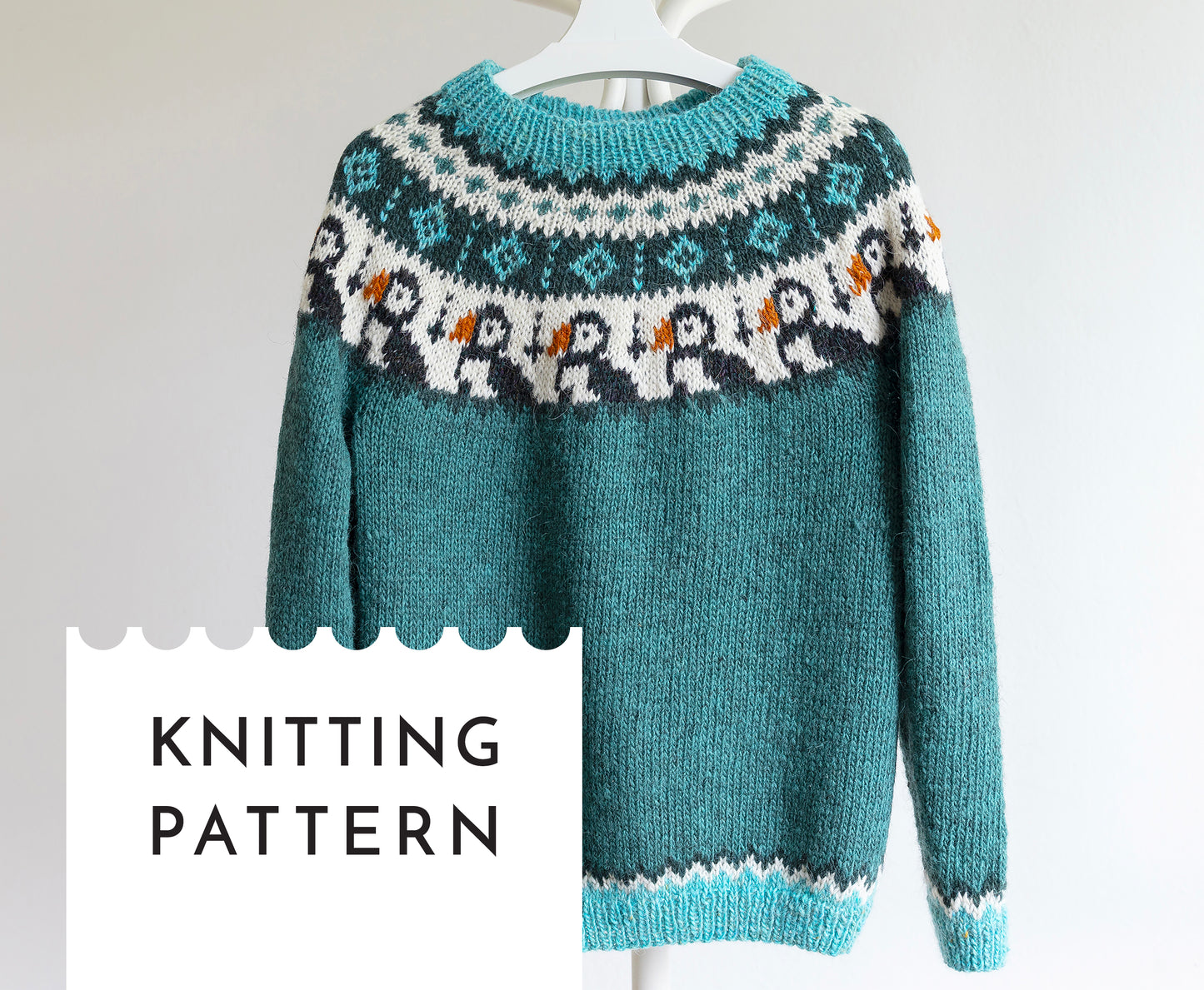 Turquoise, white and black pure Icelandic wool hand-knitted lopapeysa sweater in Puffins knitting pattern