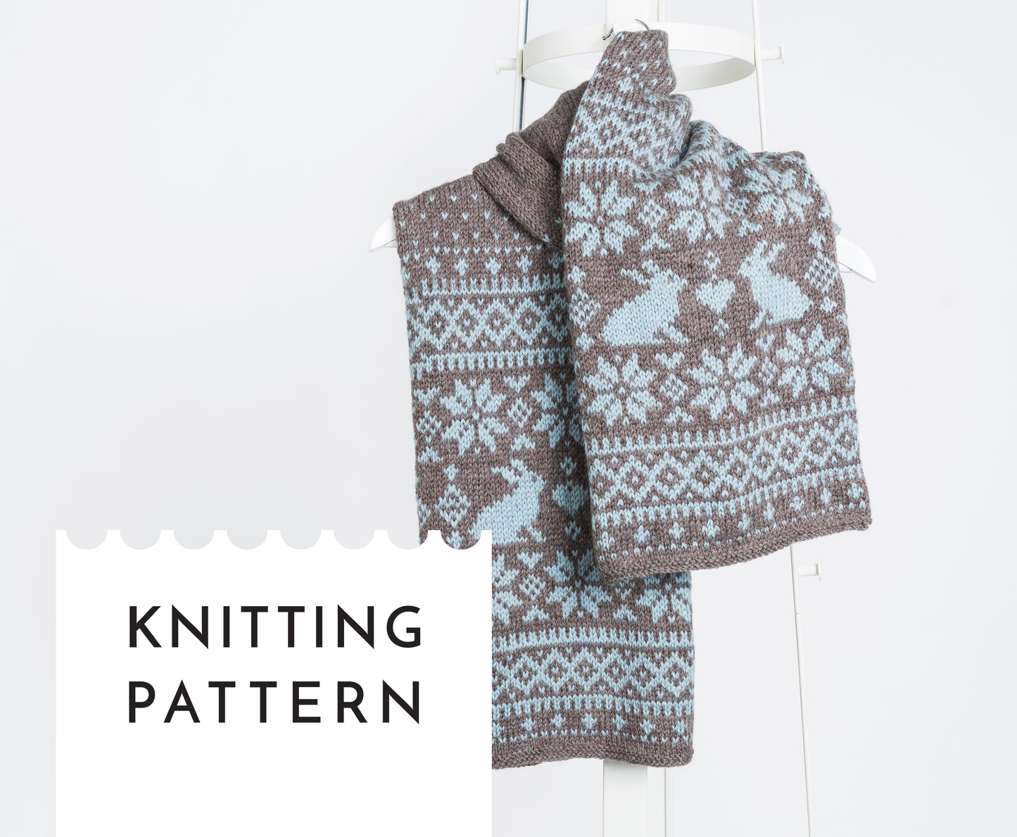 Brown and grey blue wool hand-knitted long Fair Isle scarf in Bunny Rabbit pattern