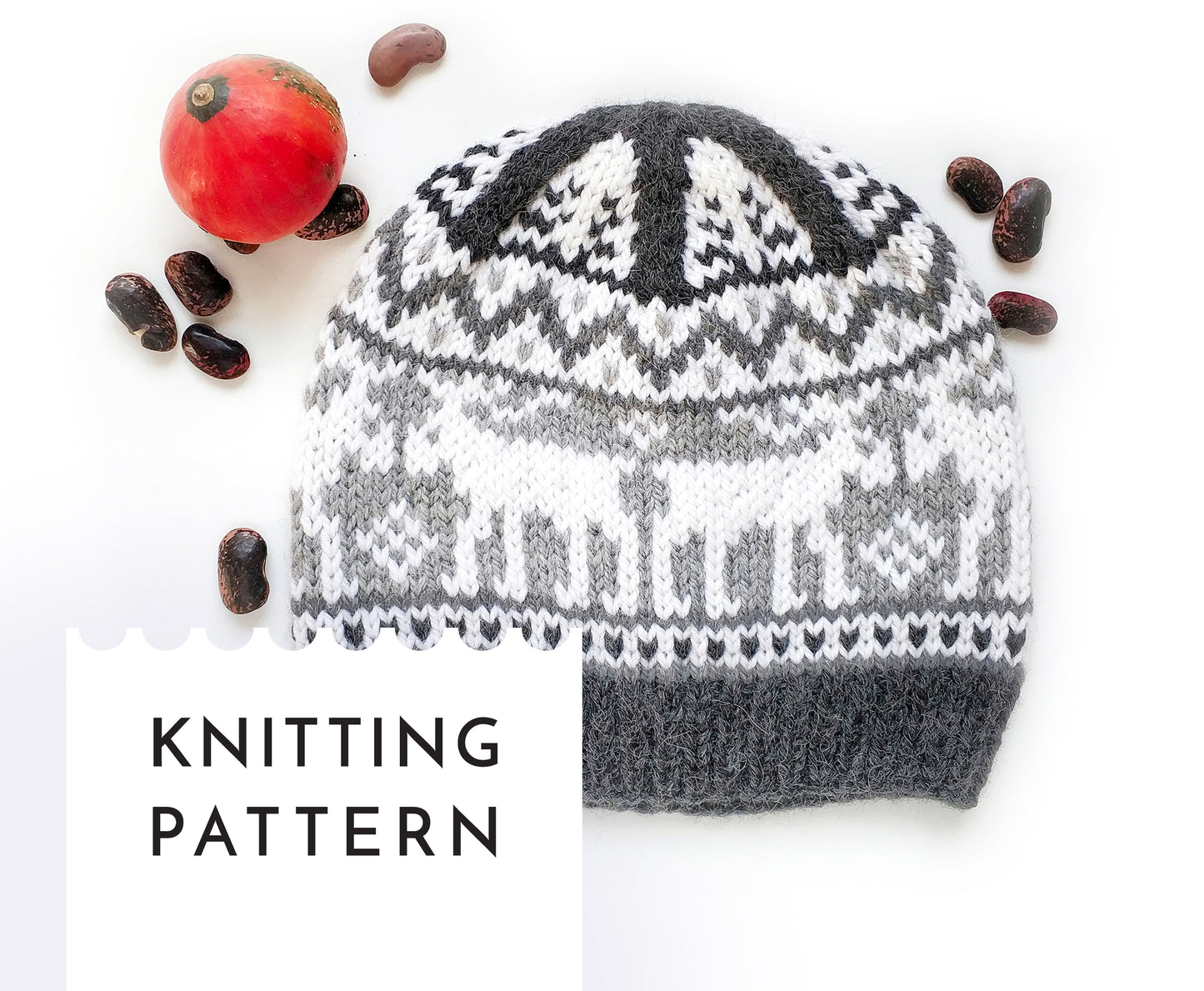 gray and white wool hand-knitted Fair Isle beanie hat in Moose knitting pattern