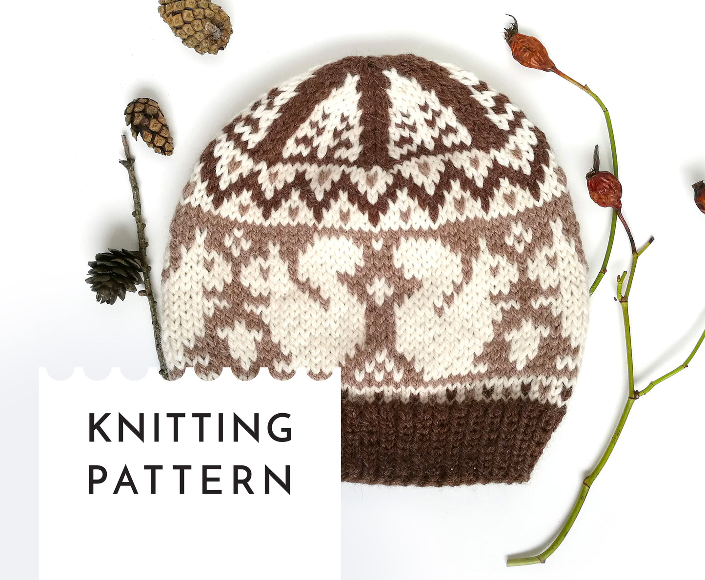 brown and white wool hand-knitted Fair Isle beanie hat in squirrel knitting pattern