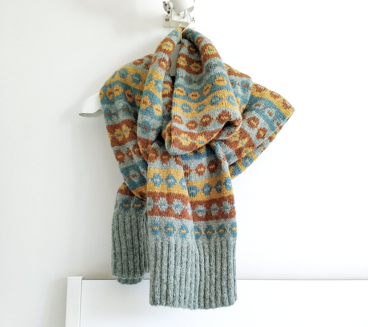 Grey, brown, yellow and blue alpaca wool hand-knitted Fair Isle long double layered scarf