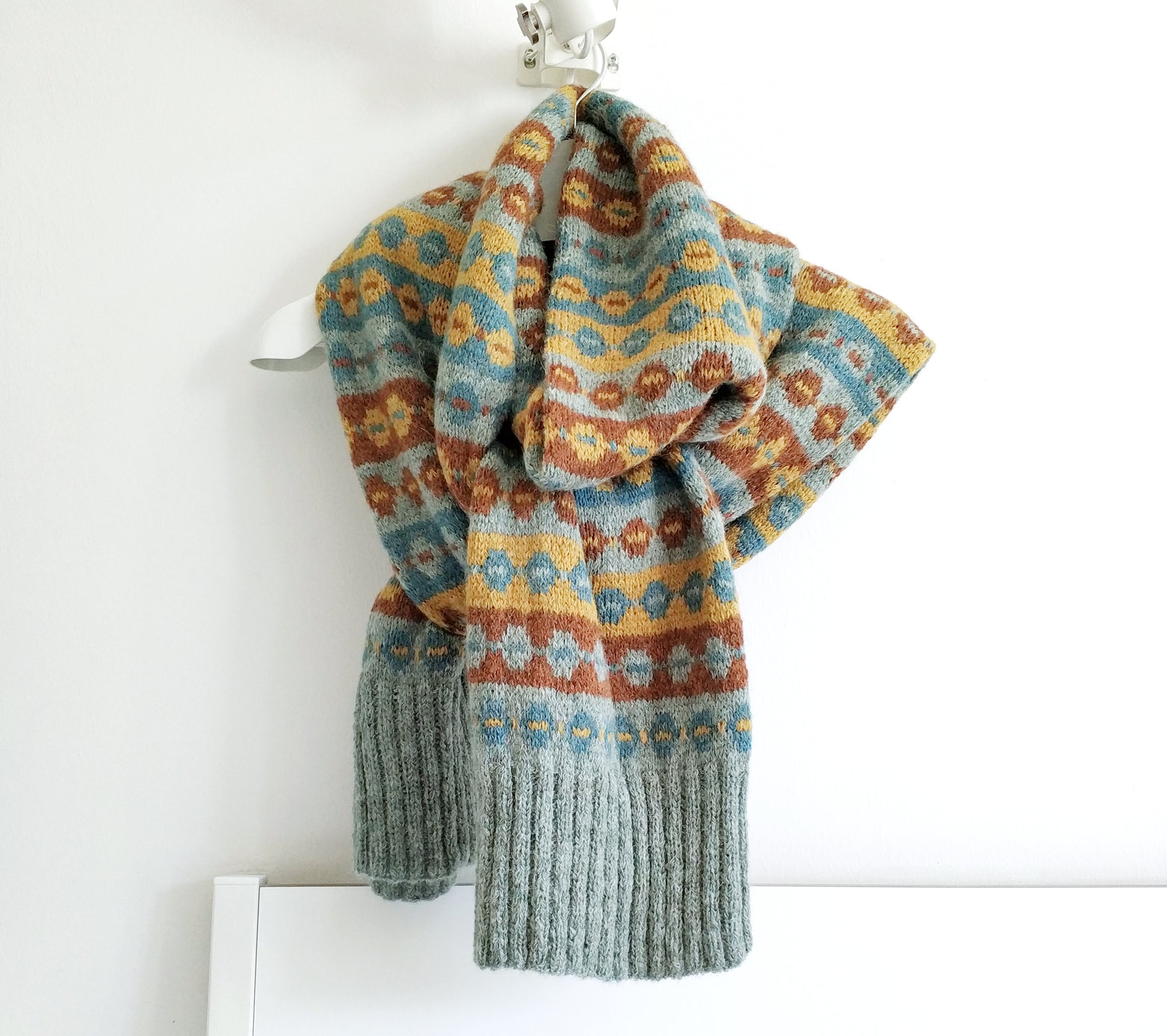 Grey, brown, yellow and blue alpaca wool hand-knitted Fair Isle long double layered scarf