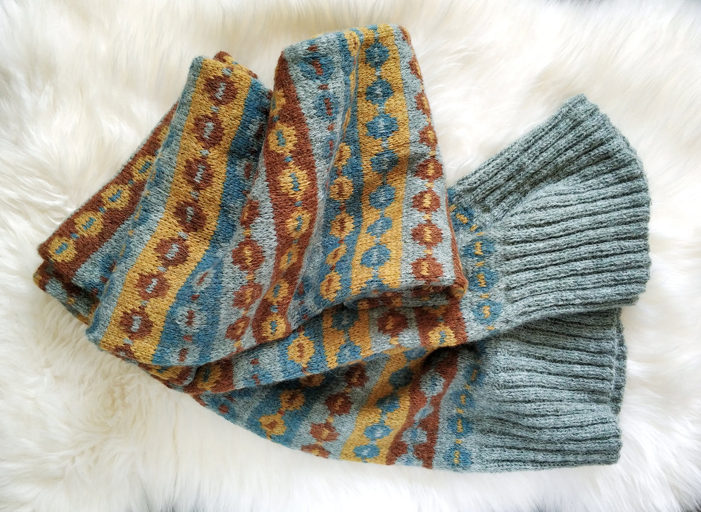 Grey, brown, yellow and blue alpaca wool hand-knitted Fair Isle long double layered scarf