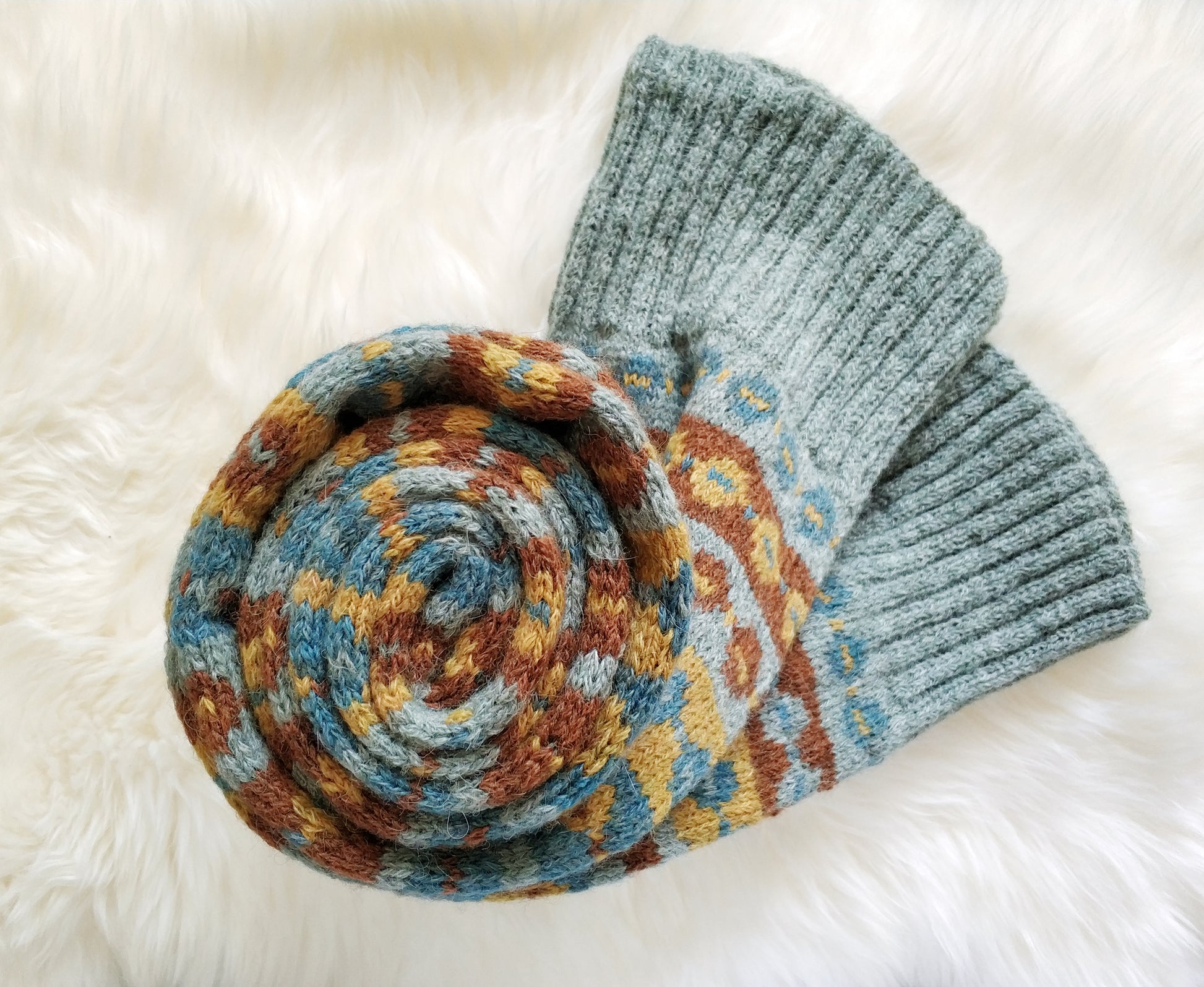 Grey, brown, yellow and blue alpaca wool hand-knitted Fair Isle long double layered scarf