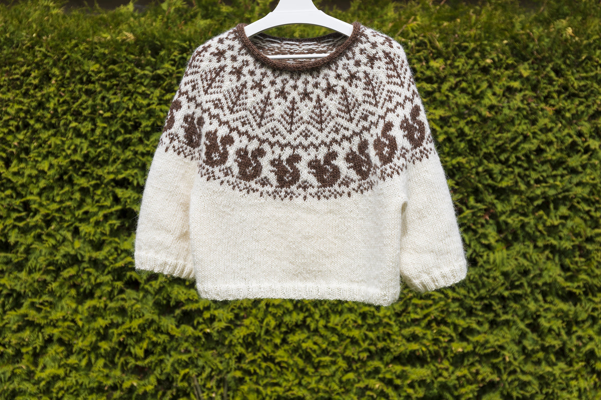 A hand-knitted wool sweater with a squirrels pattern, primarily in white and brown colors, displayed on a white hanger against a green leafy background.