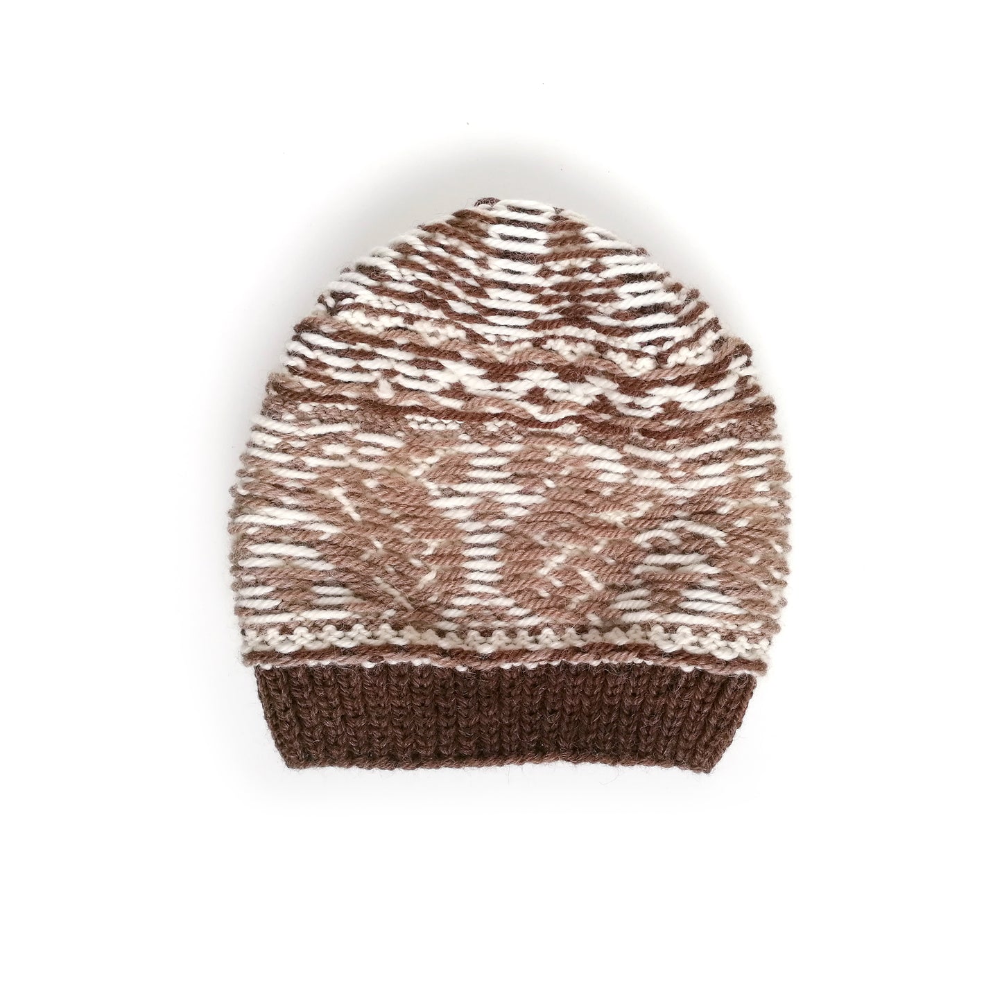 Brown and white hand-knitted Fair Isle hat inside out