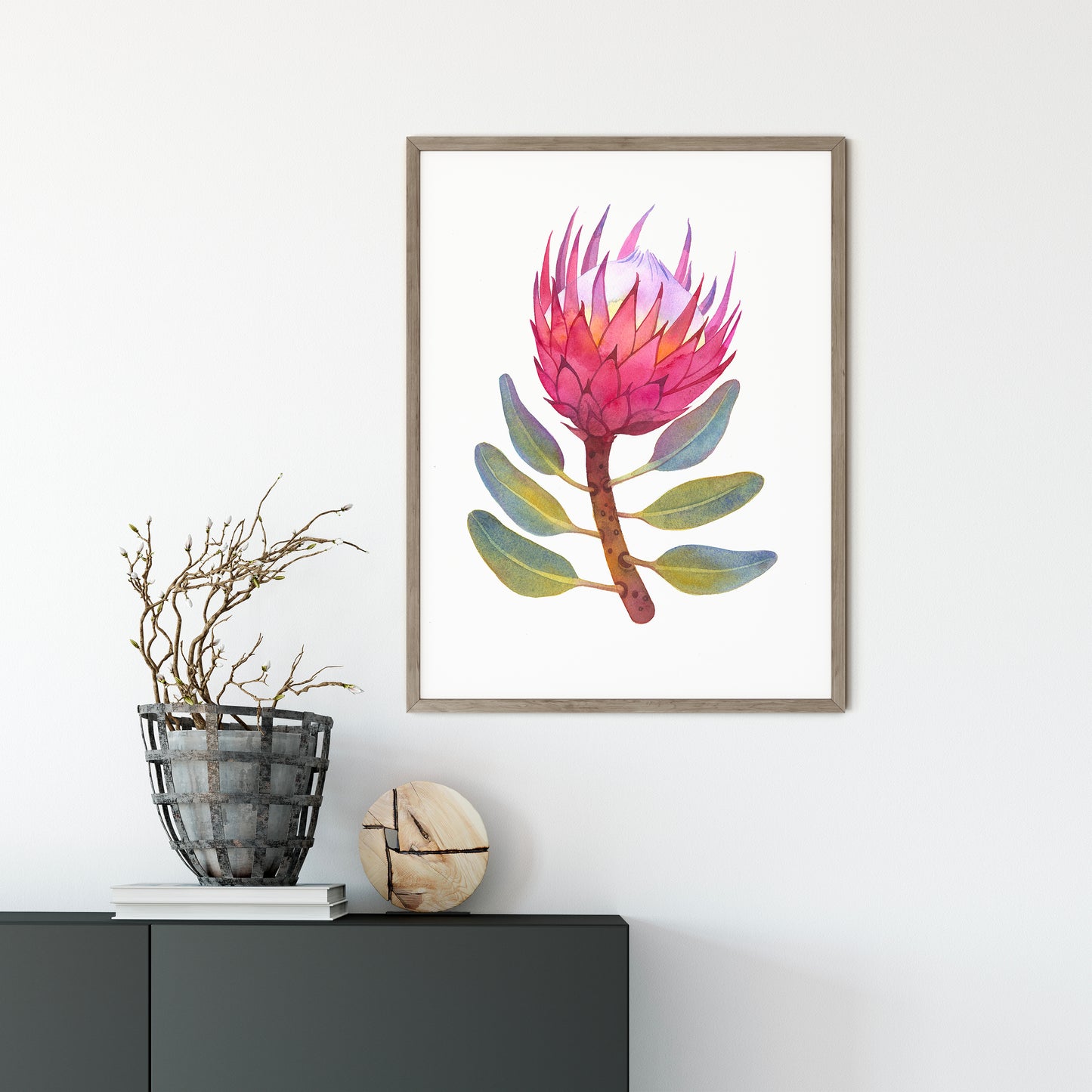 PINK KING PROTEA Aquarell Malerei Giclée-Druck #W32