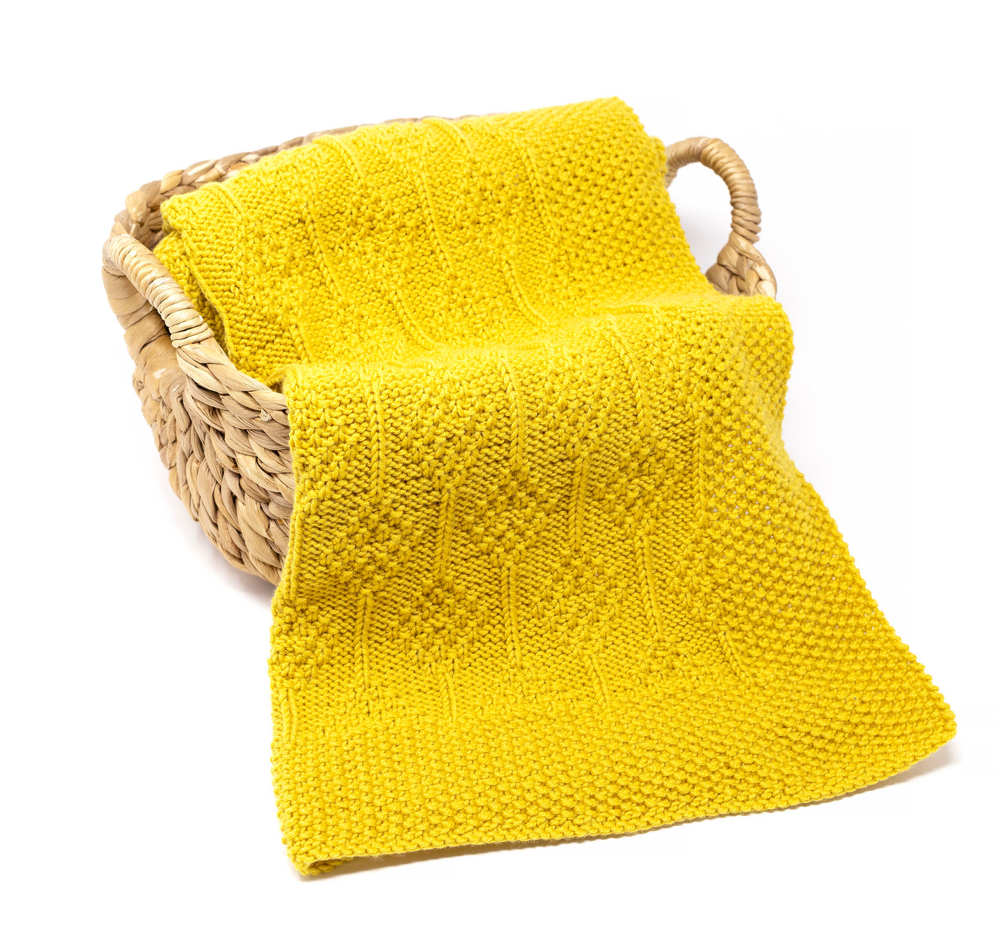 Mustard yellow merino wool hand-knitted baby blanket in Diamonds pattern