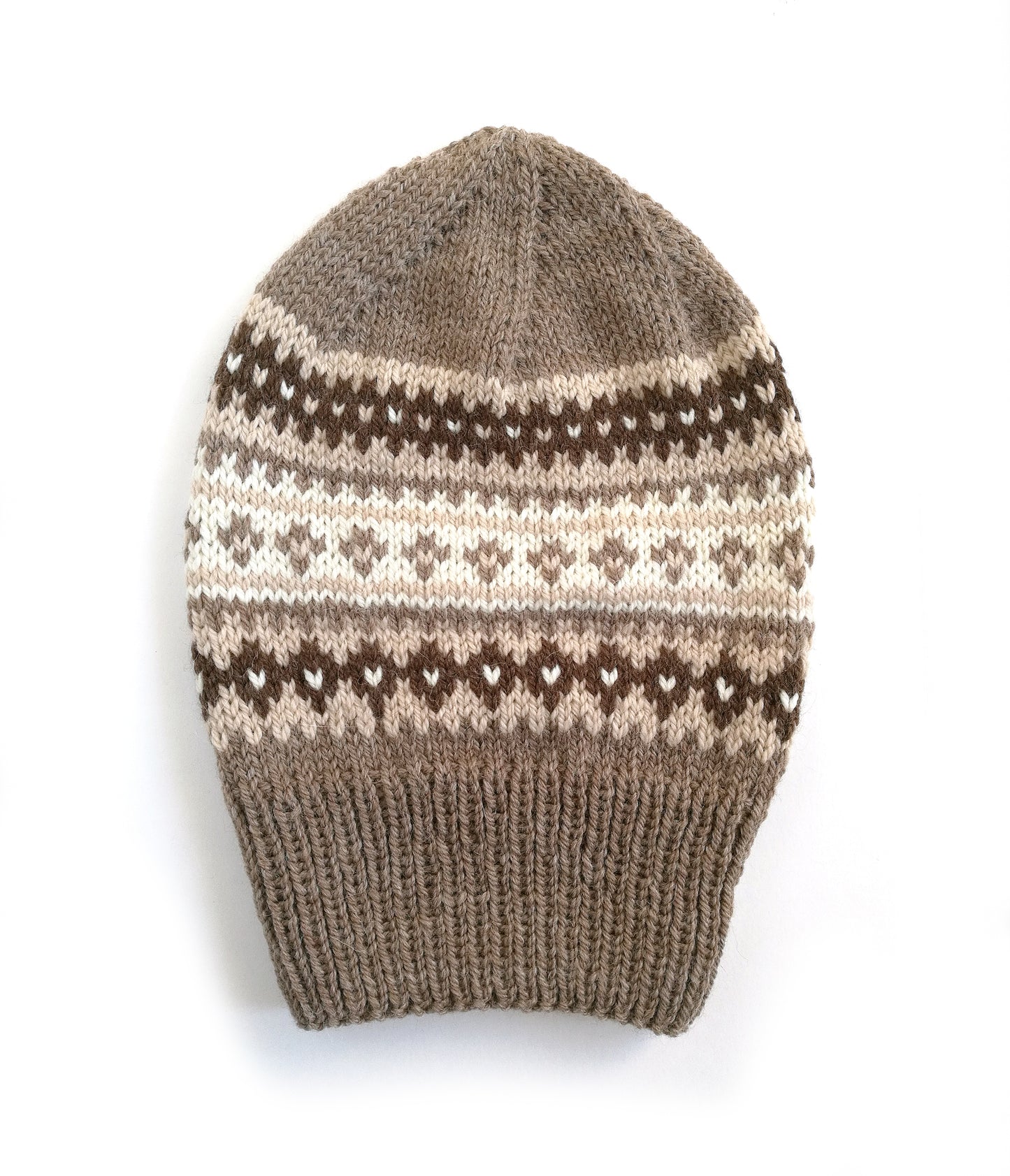 beige, brown and white wool hand-knitted Fair Isle beanie hat