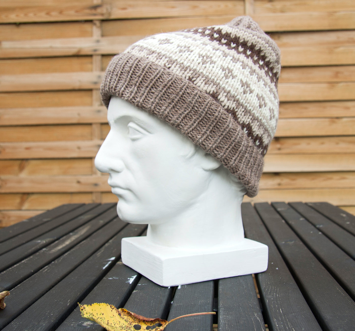 beige, brown and white wool hand-knitted Fair Isle beanie hat